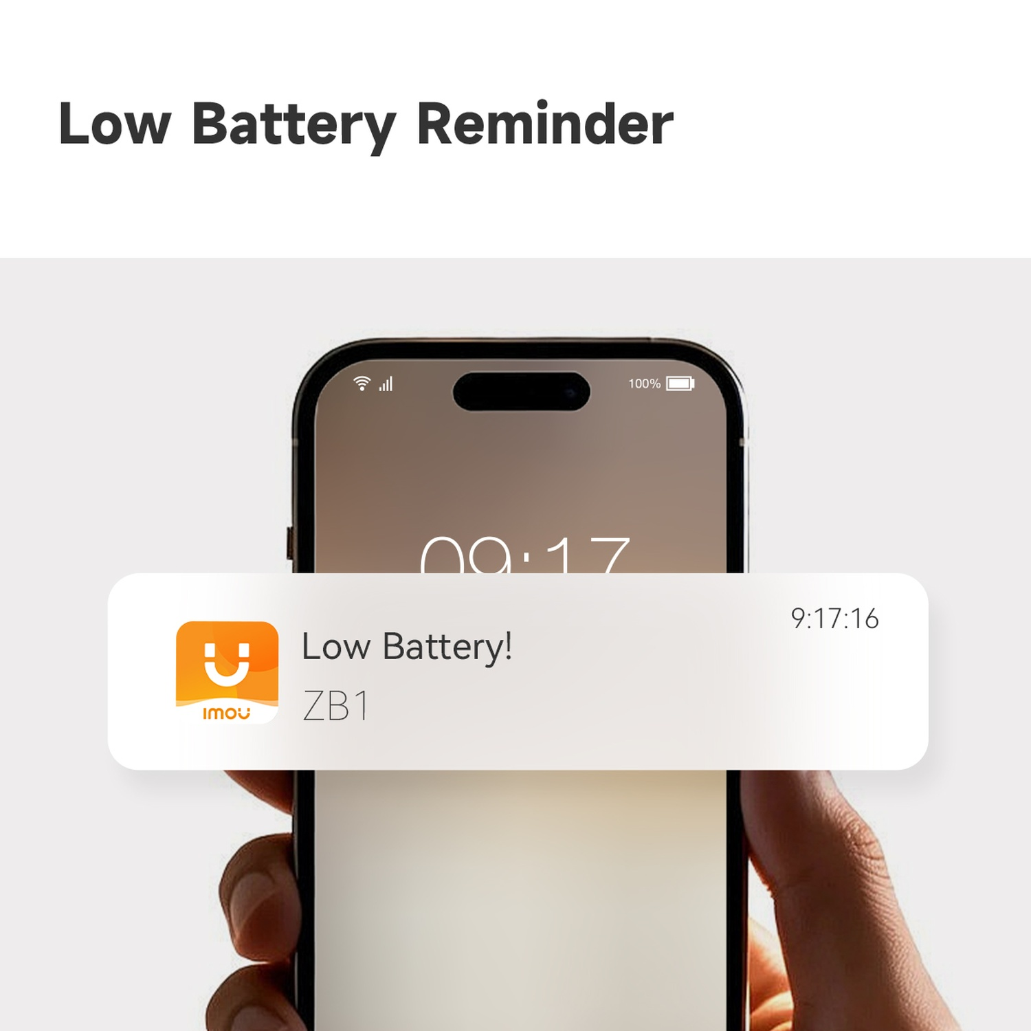Laag batterijpercentage melding op smartphone. Tijd 9:17:16.