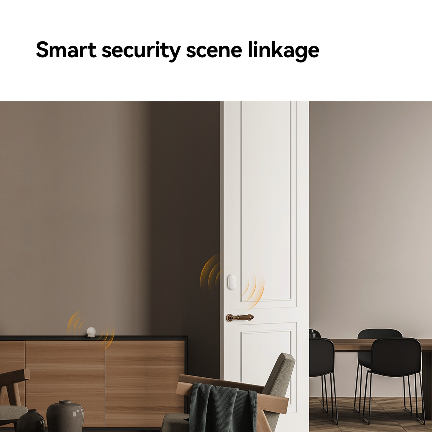 Witte sensor op witte deur met oranje golven. Dressoir met vazen.