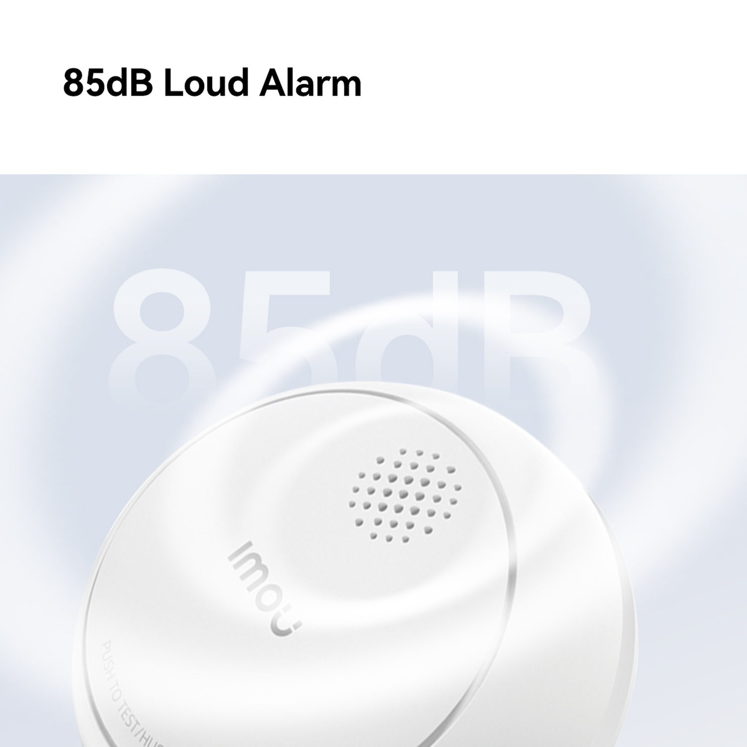 Een witte rookmelder met het Imou-logo en kleine gaatjes voor het alarm.