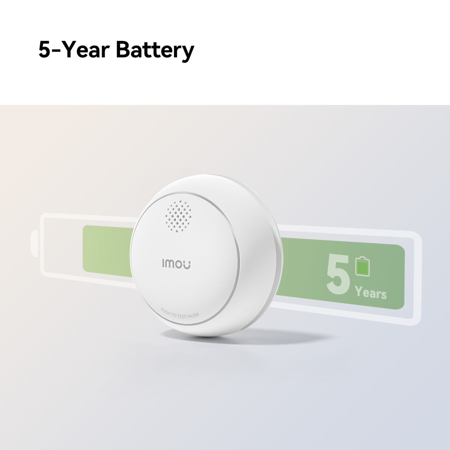 Een wit apparaat met IMOU-logo en 5-jaar batterij-indicator.