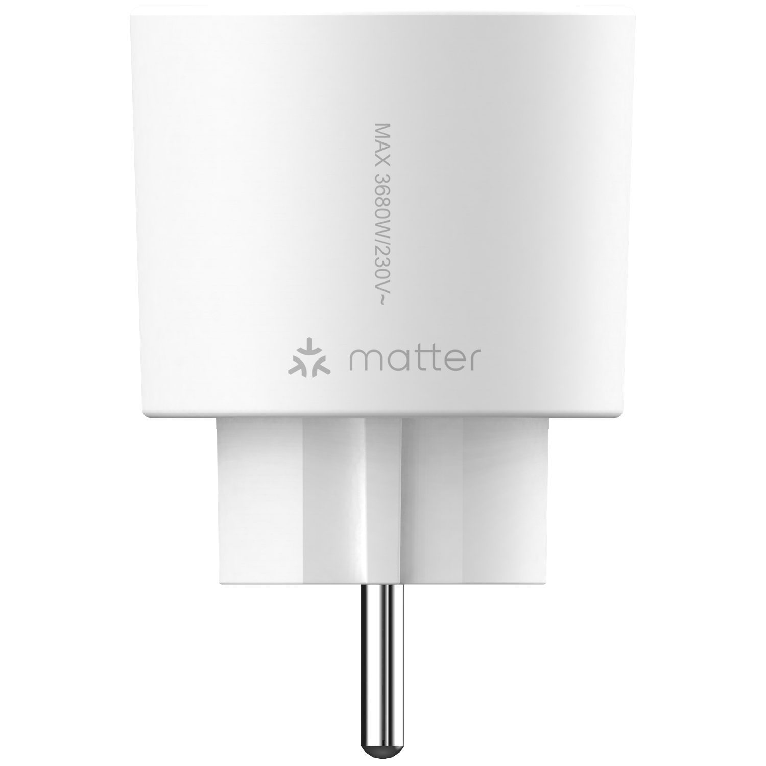 Een witte stekker met 'MAX 3680W/230V~' en het Matter-logo.