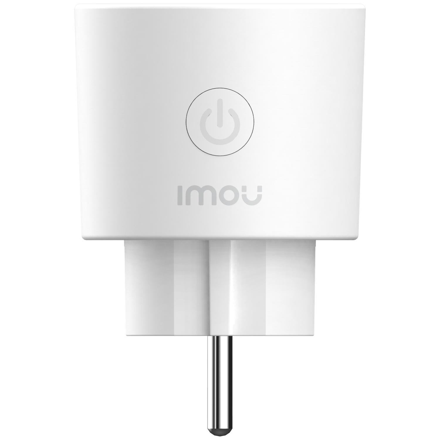 Een witte Imou slimme stekker met aan/uit-symbool en metalen pinnen.