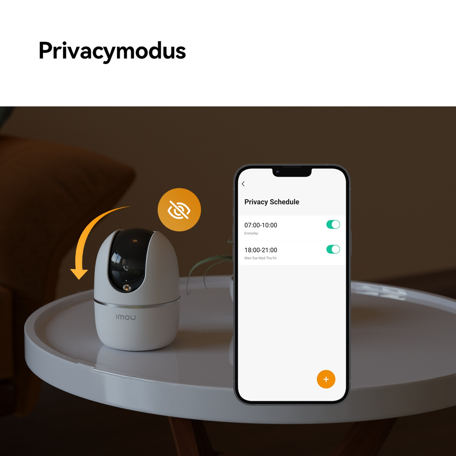 Caméra de sécurité blanche sur une table à côté d'un smartphone affichant un calendrier.