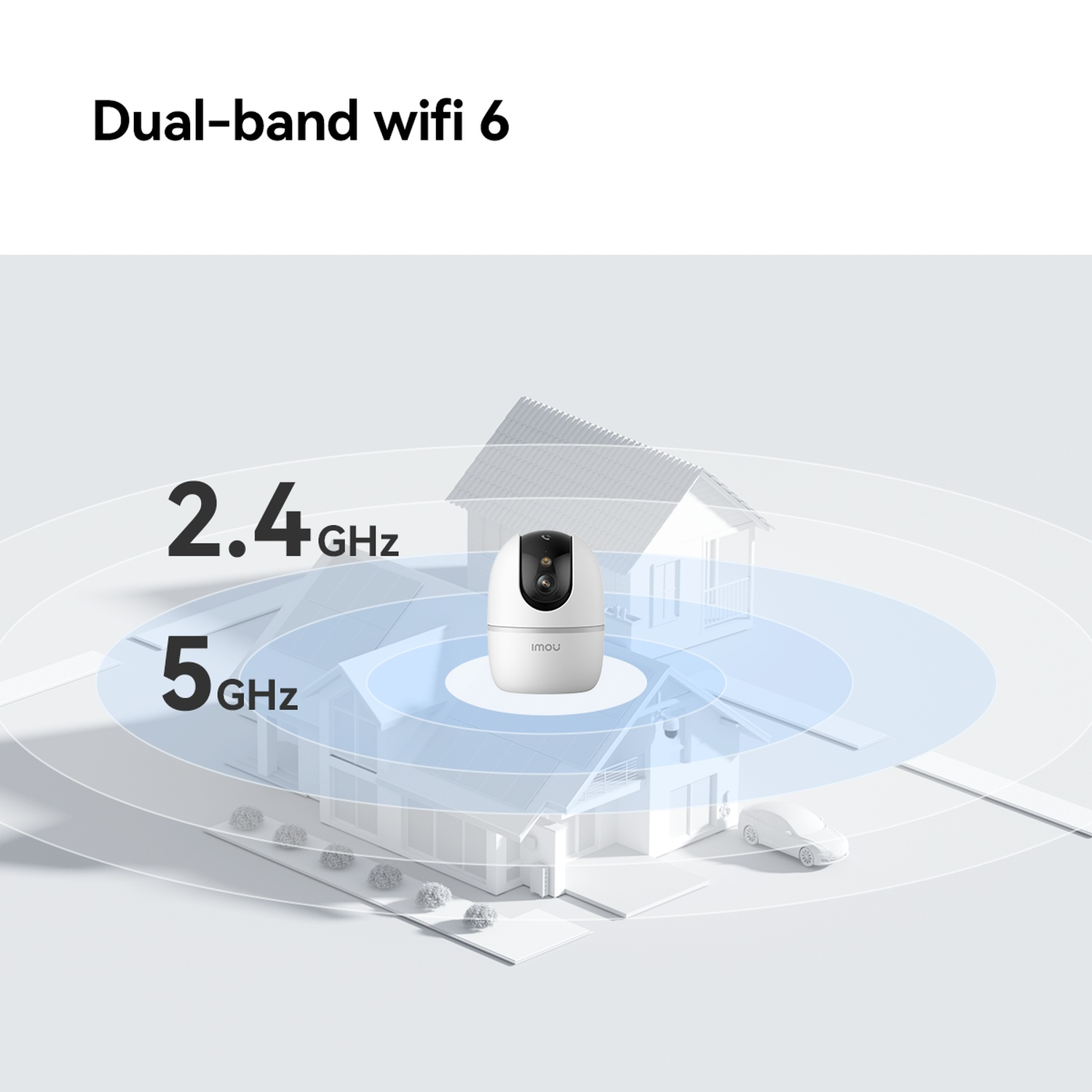 Une caméra de sécurité avec Wi-Fi 6 bi-bande transmet des signaux à une maison.