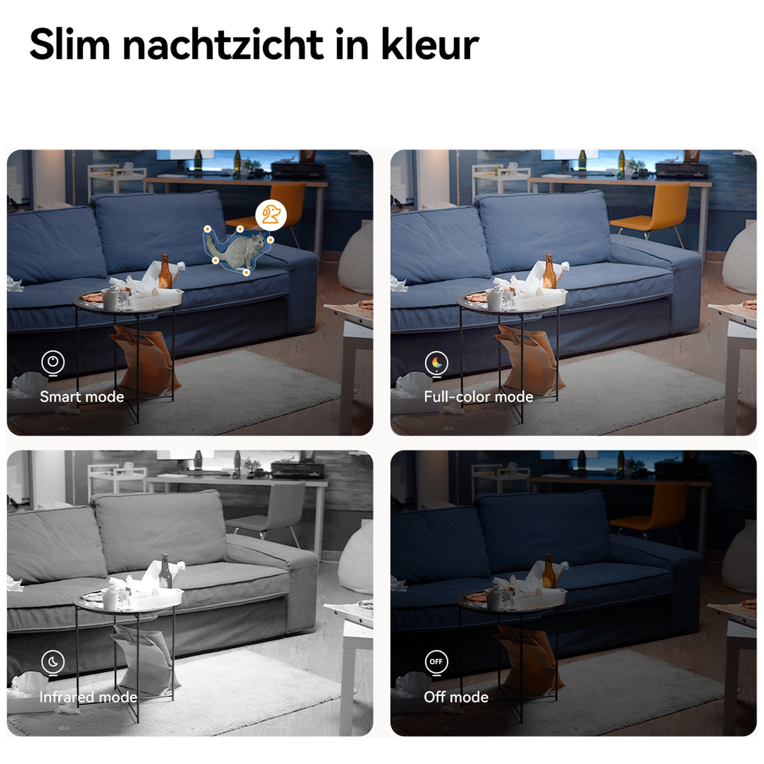 Quatre modes d'un canapé : Intelligent, Couleur, Infrarouge et Arrêt. Un chat est mis en évidence en mode Intelligent.