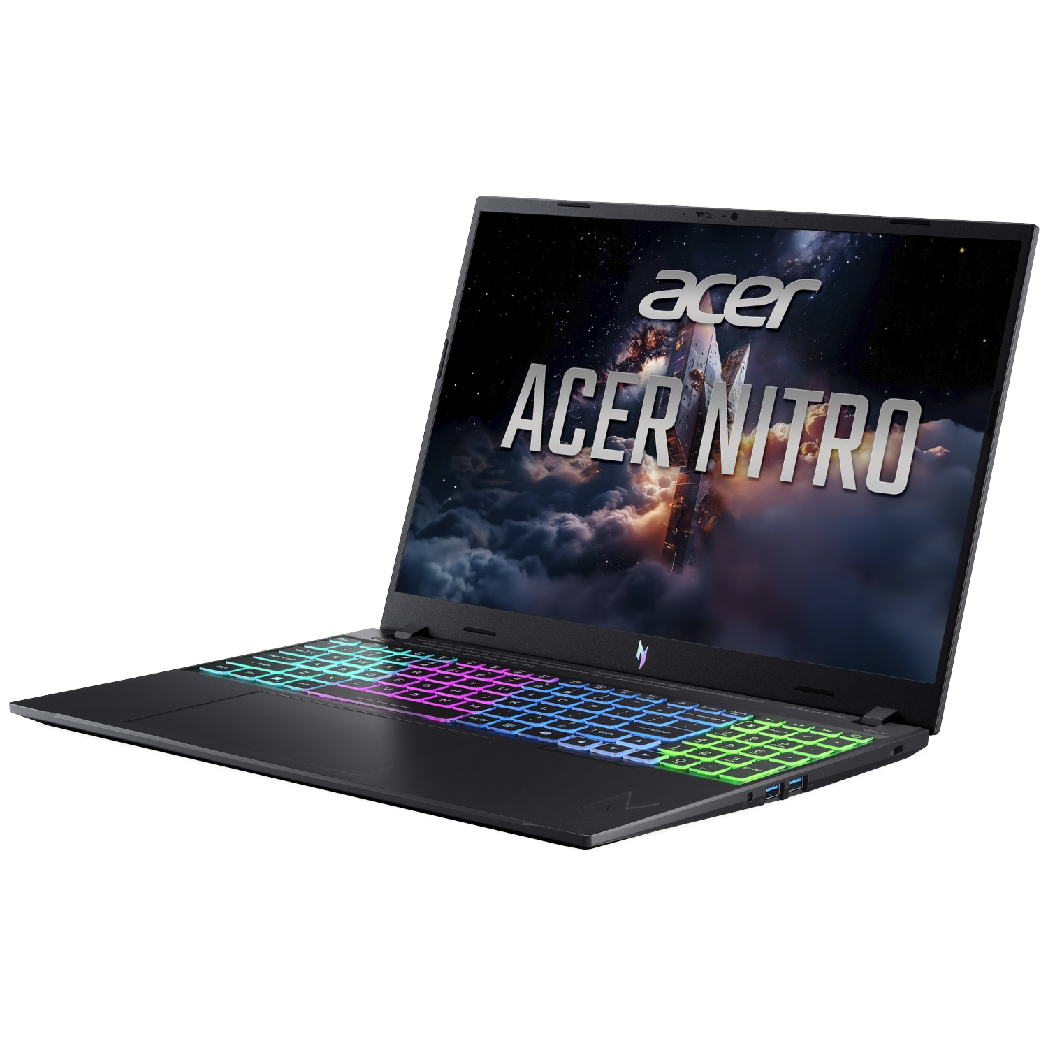 Zwarte laptop met verlicht toetsenbord en behang met ruimte-thema.