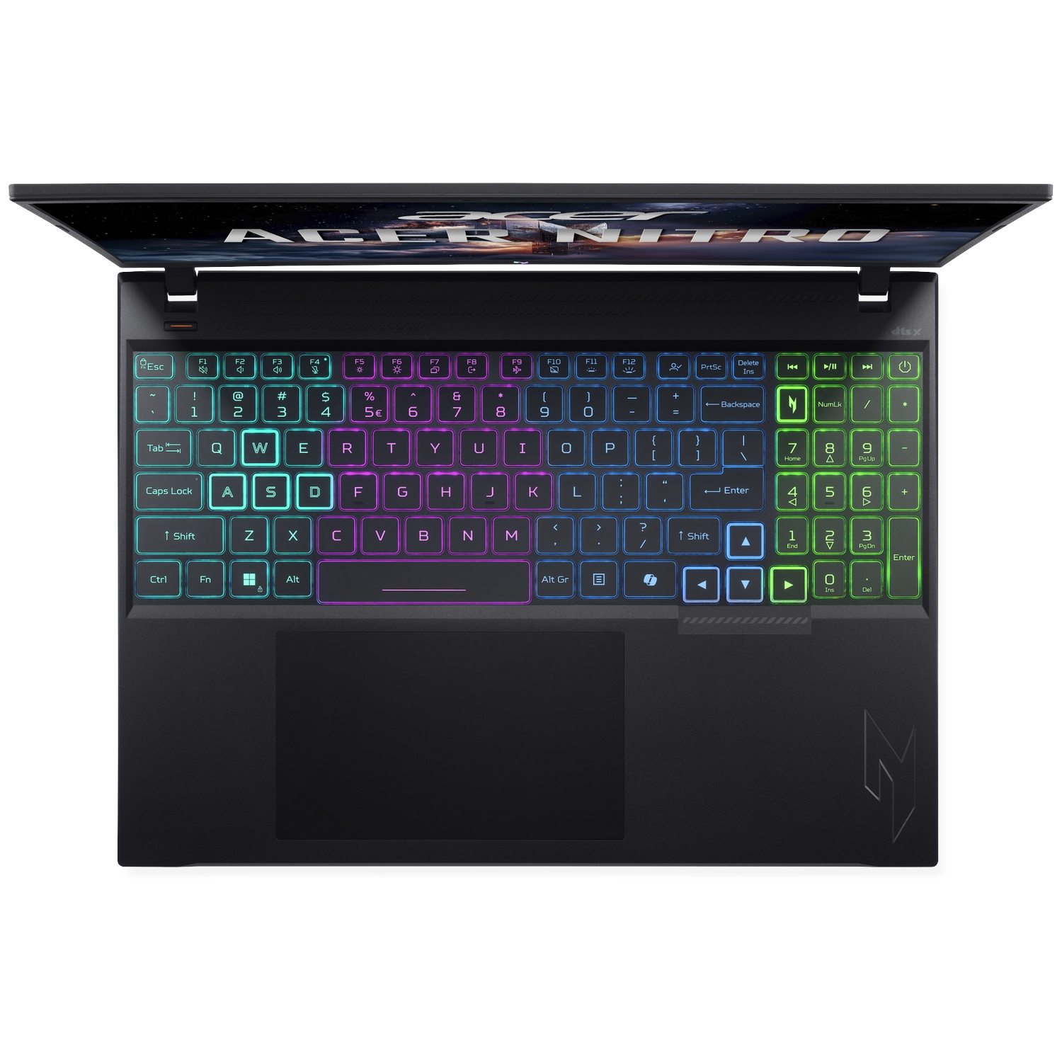 Zwarte laptop met verlicht RGB-toetsenbord en deels opengeklapt scherm met Acer Nitro-logo.