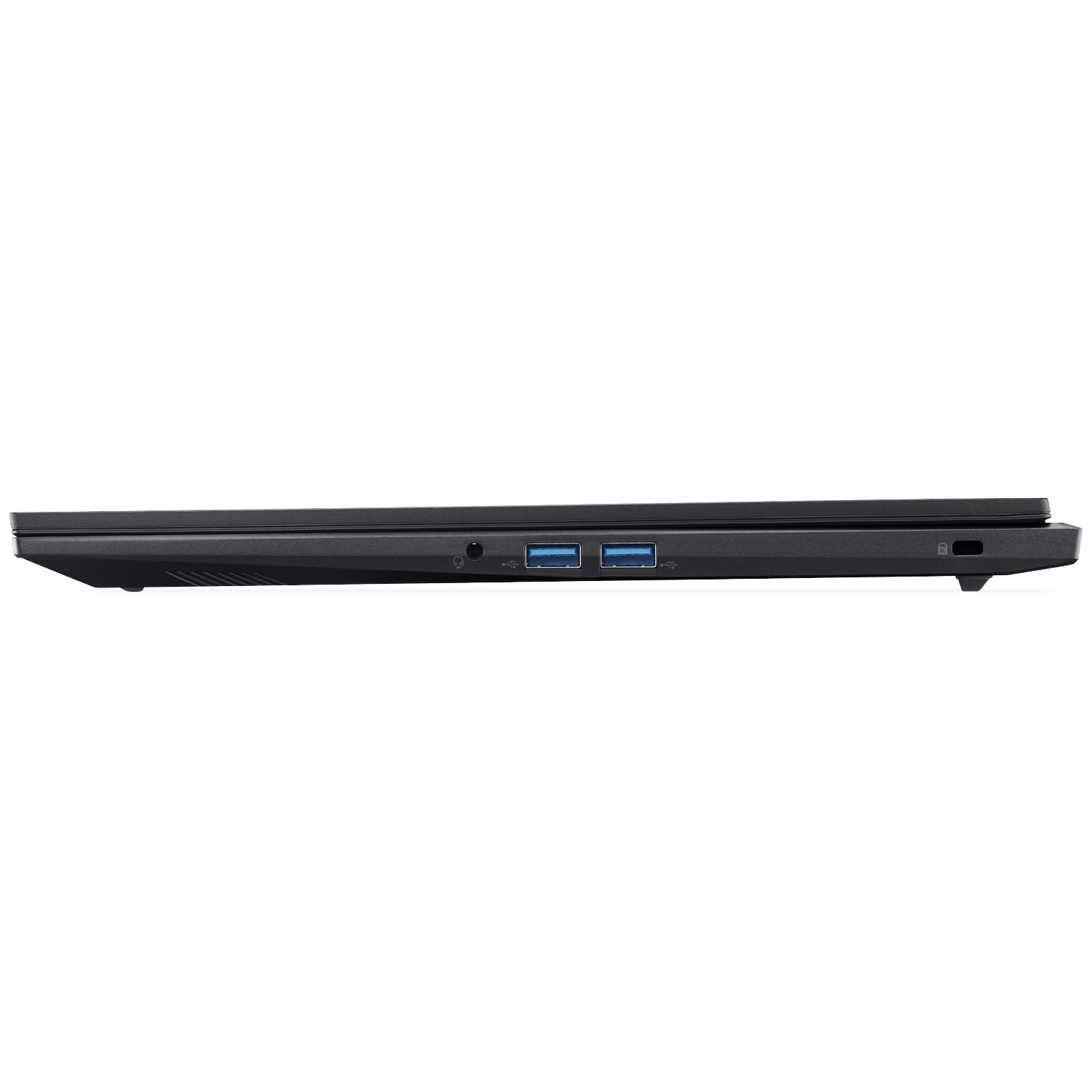 Zwart laptop-profiel met poorten: 2x USB-A, koptelefoonaansluiting, speakergrill.