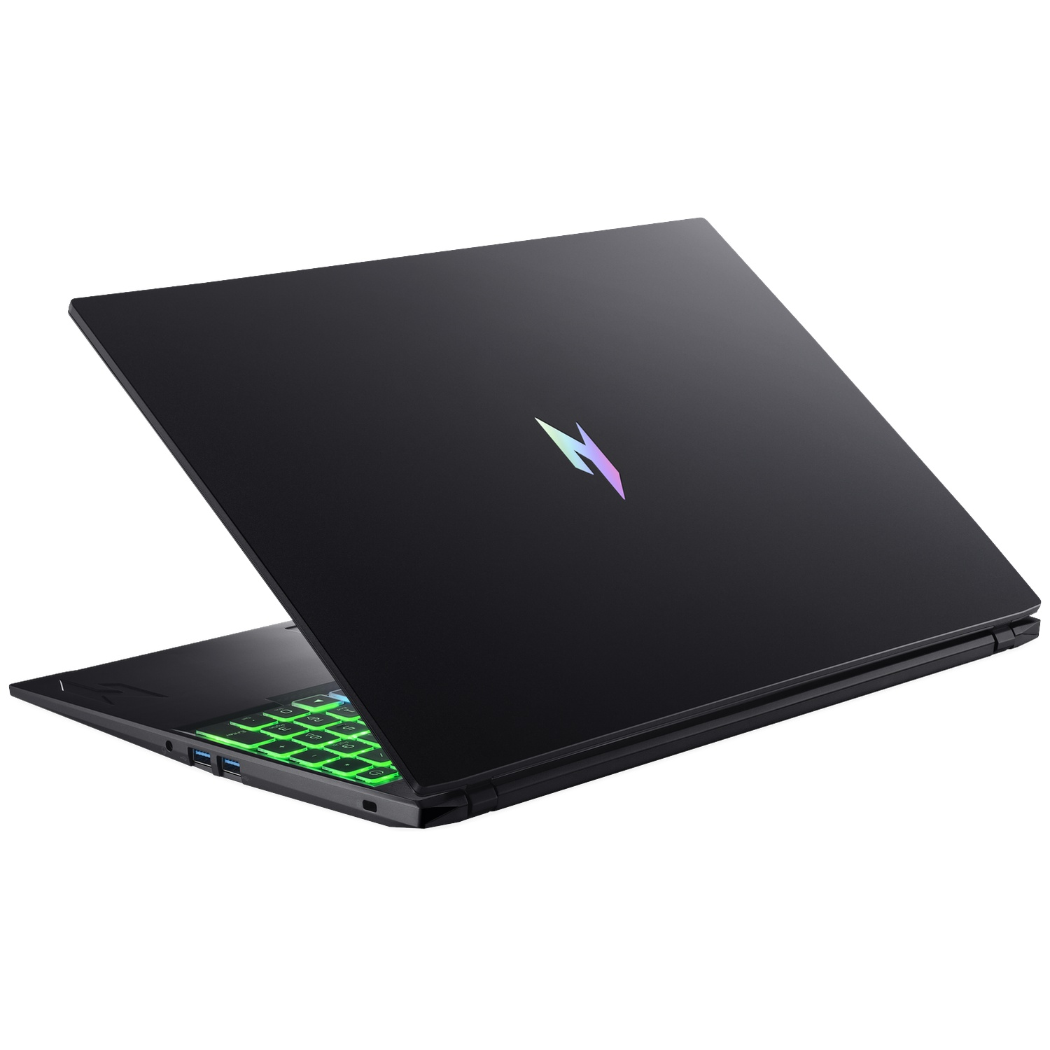 Zwarte laptop met verlicht groen toetsenbord en logo.