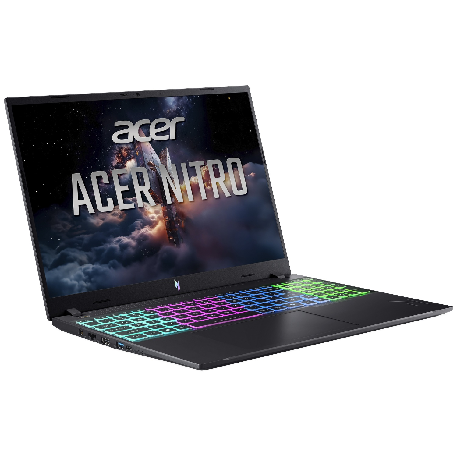 Zwarte Acer Nitro laptop met kleurrijk toetsenbord en ruimtethema op het scherm.