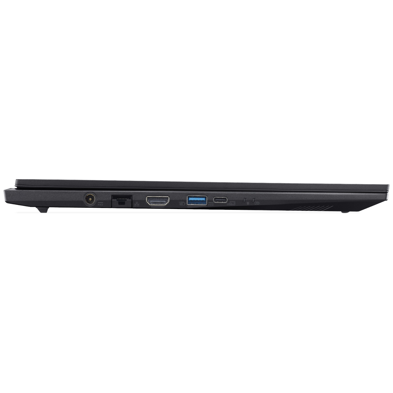 Zijaanzicht van een zwarte laptop met poorten: stroom, ethernet, HDMI, USB.