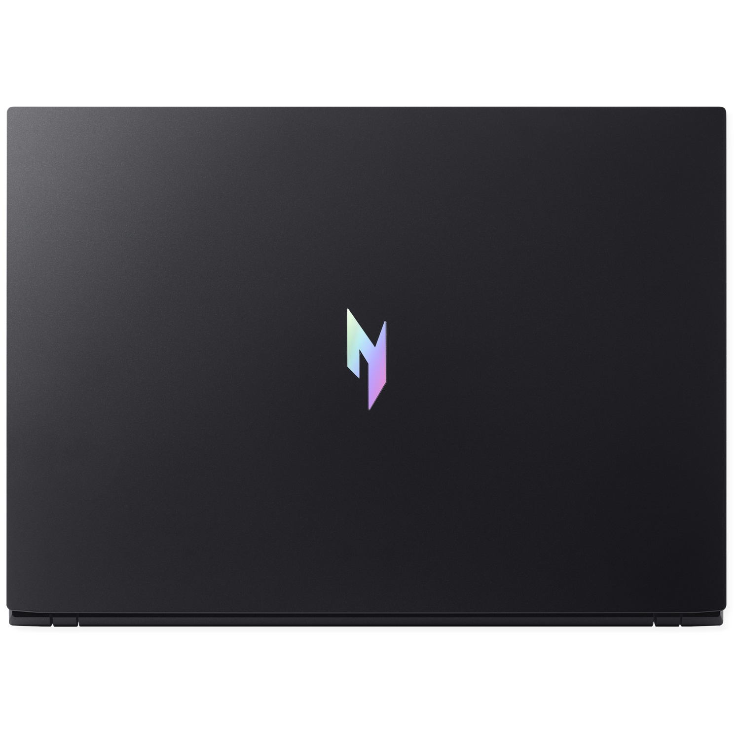 Gesloten zwarte laptop met een holografisch logo in het midden.