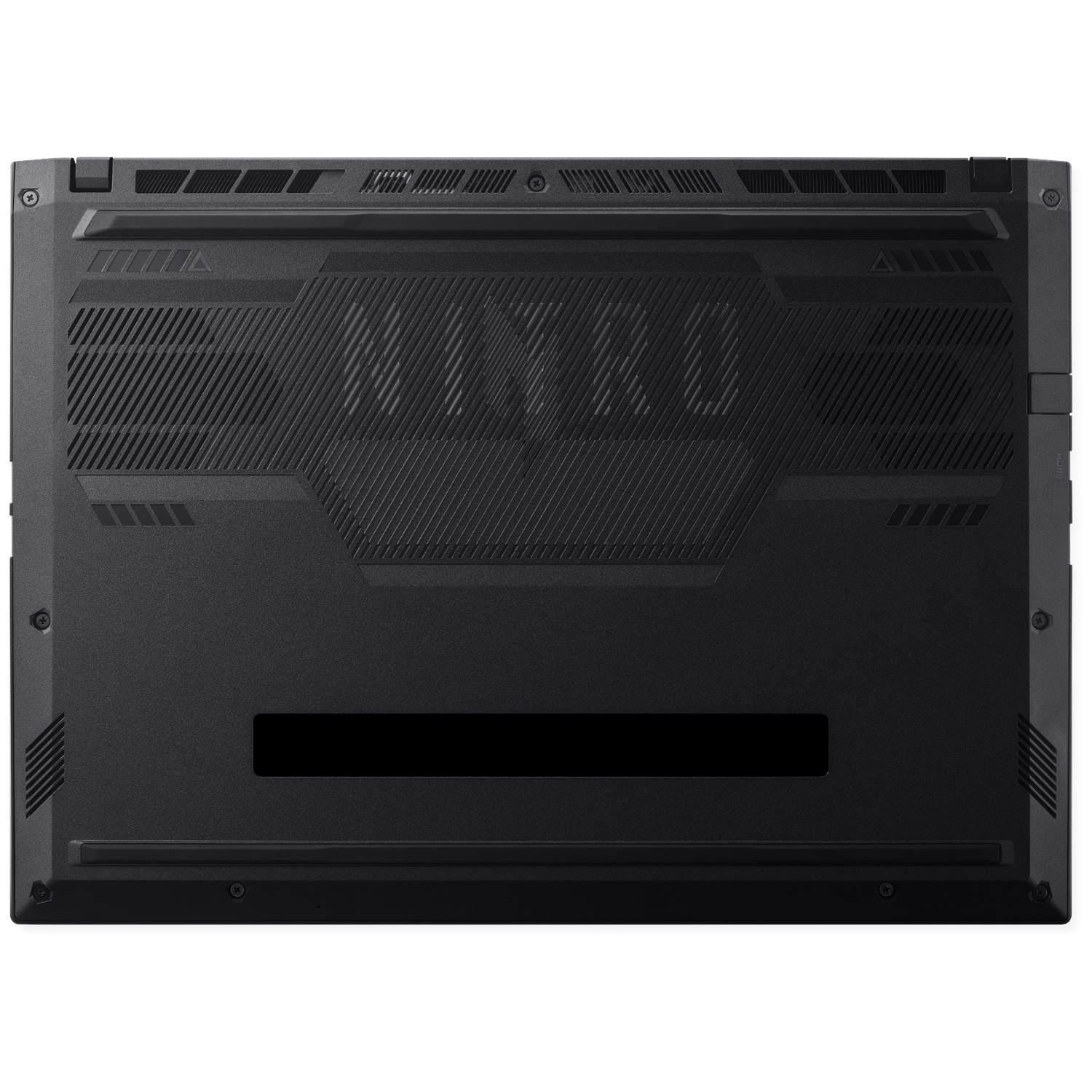 Onderkant van een zwarte laptop met ventilatieopeningen en het woord "NITRO".
