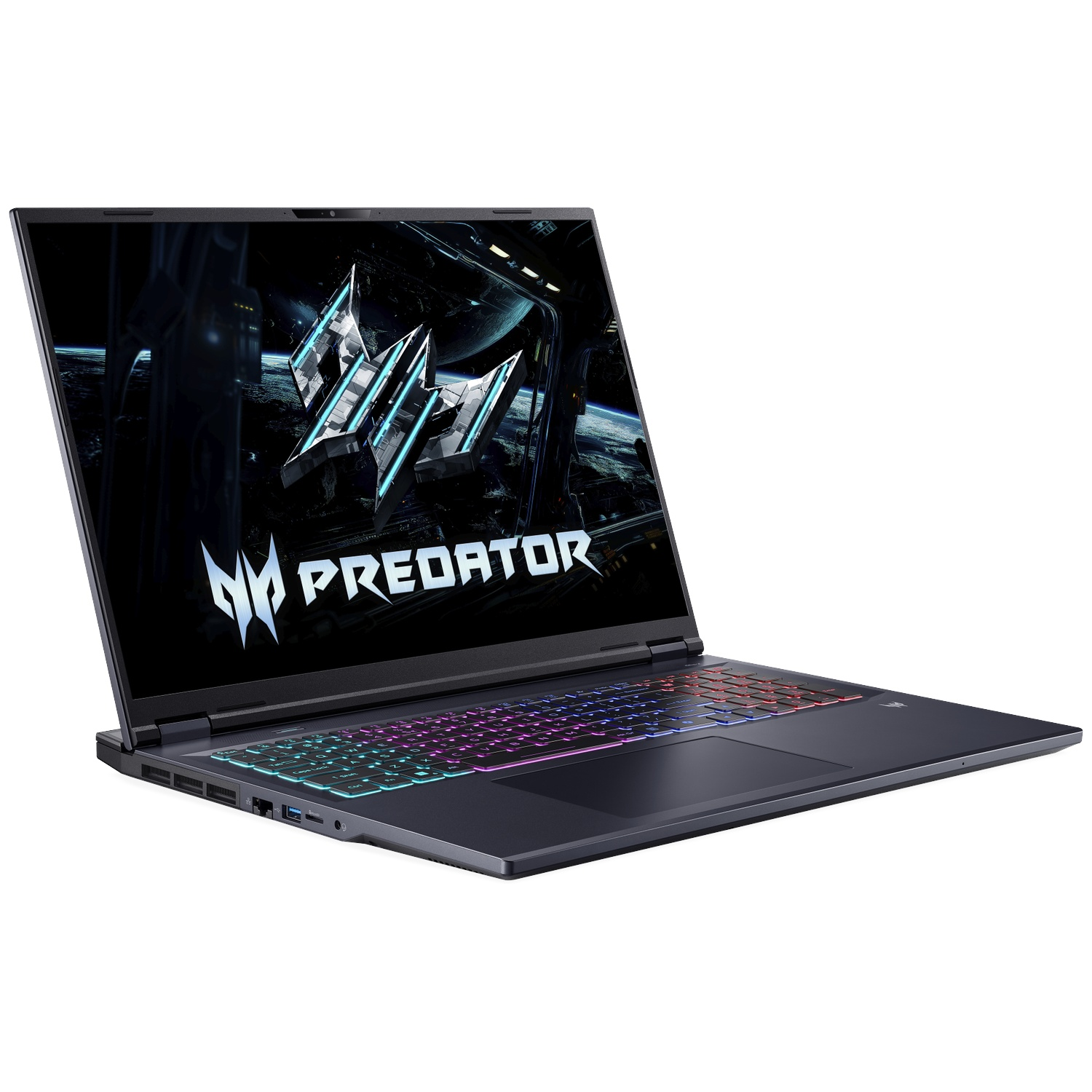 Un ordinateur portable ouvert avec clavier rétroéclairé et logo Predator à l'écran.