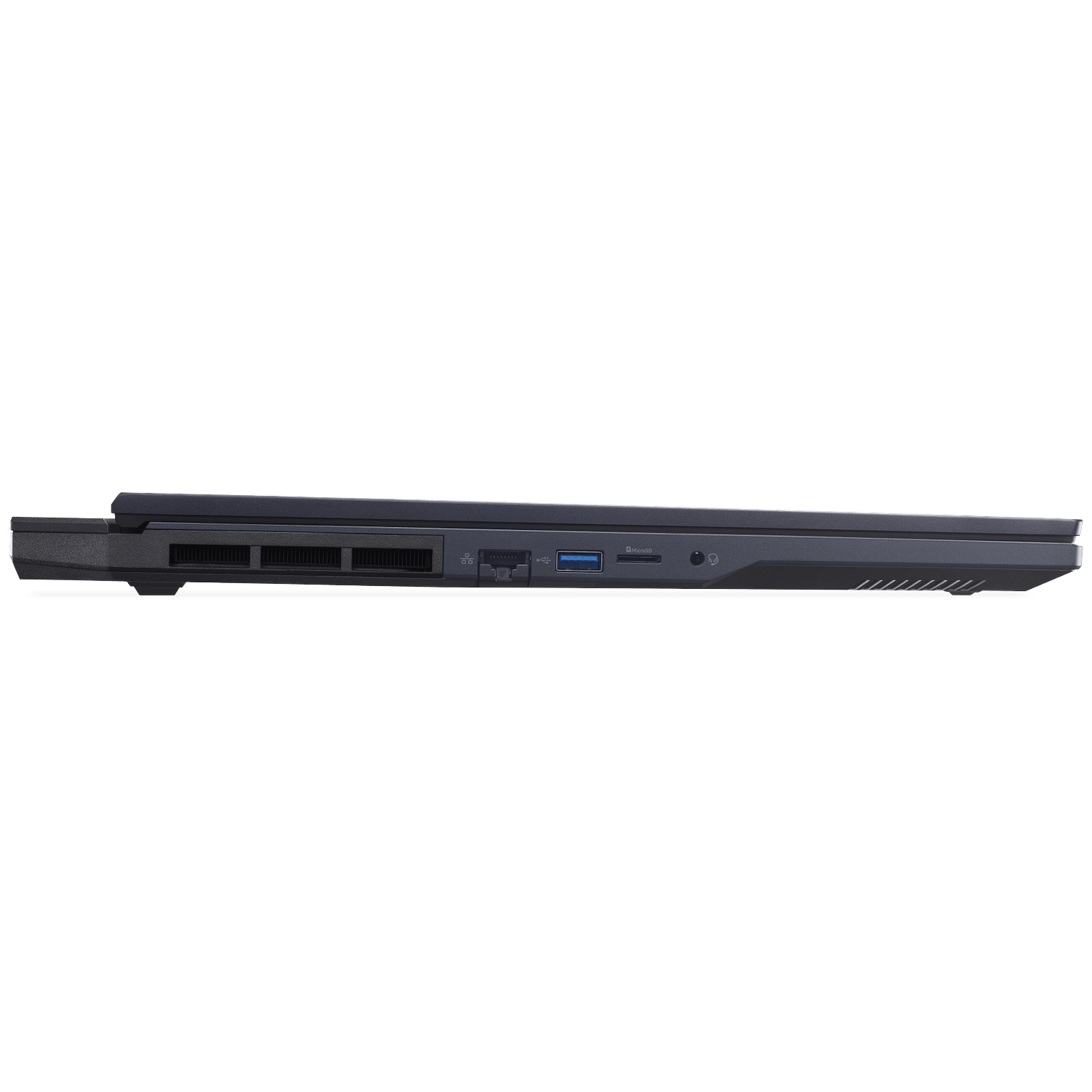 Vue latérale d'ordinateur portable noir avec ports : aération, USB, fente MicroSD et prise casque.