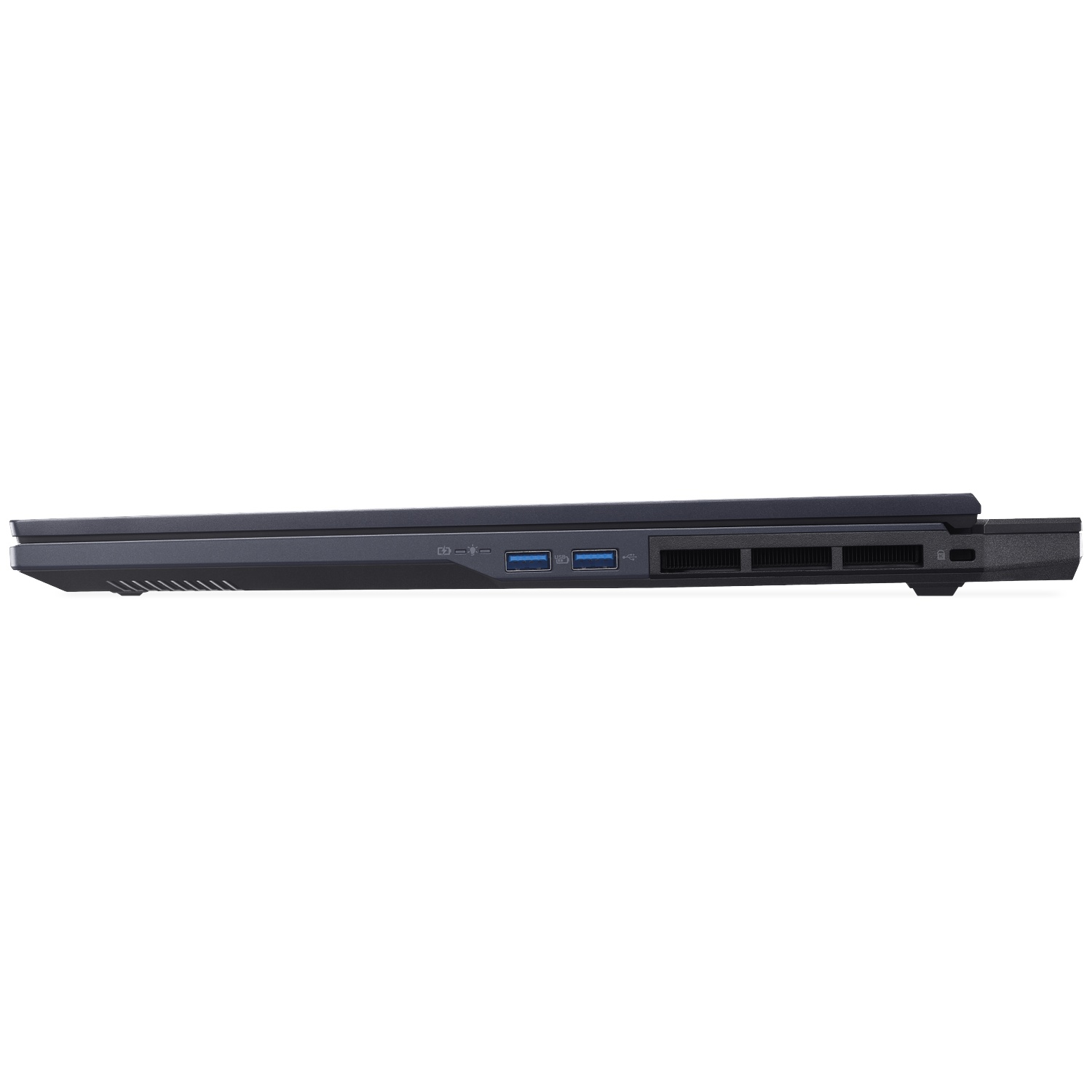 Vue latérale d'un ordinateur portable noir avec ports USB et grilles de ventilation.