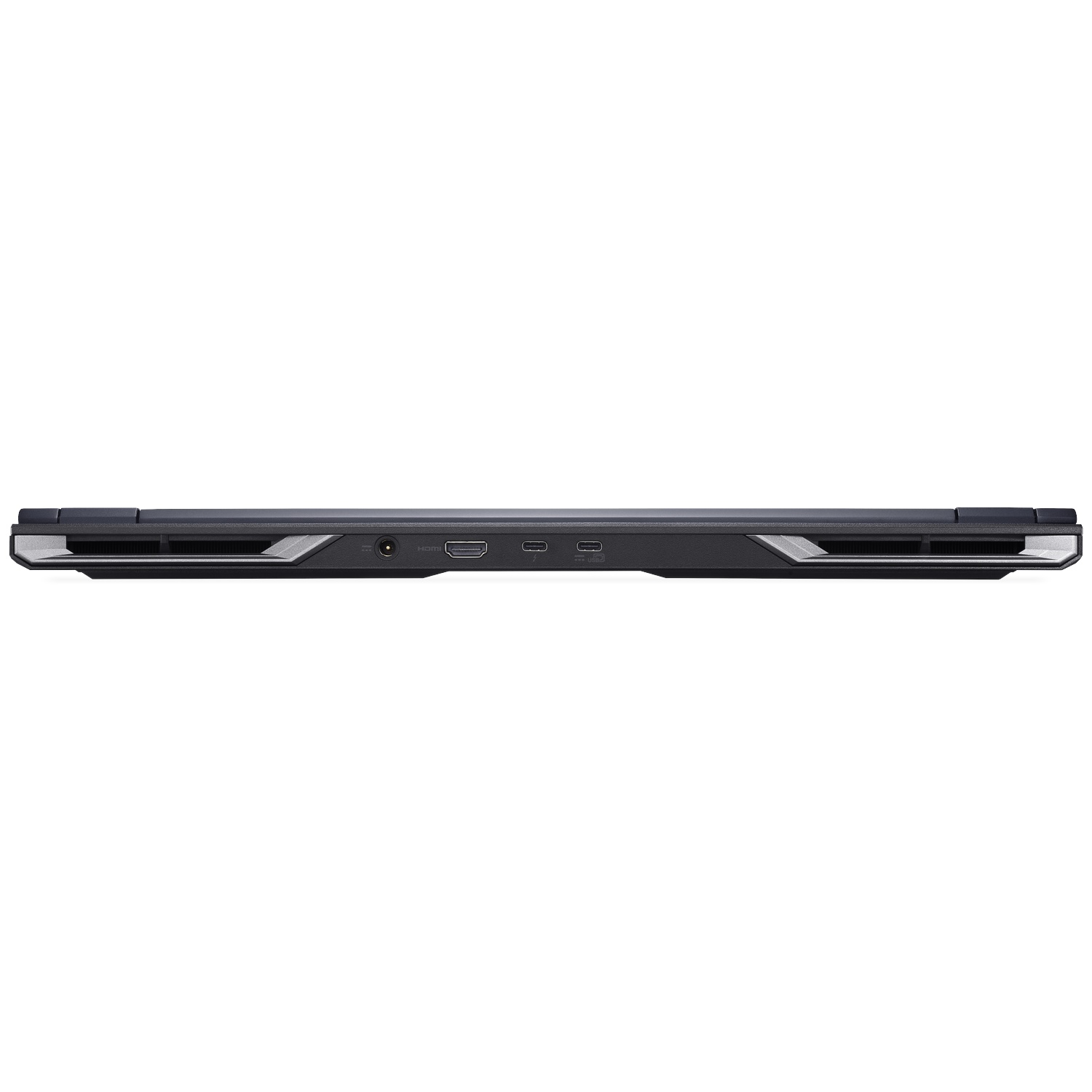 Vue latérale d'un ordinateur portable sombre montrant les ports d'alimentation, HDMI et USB-C.