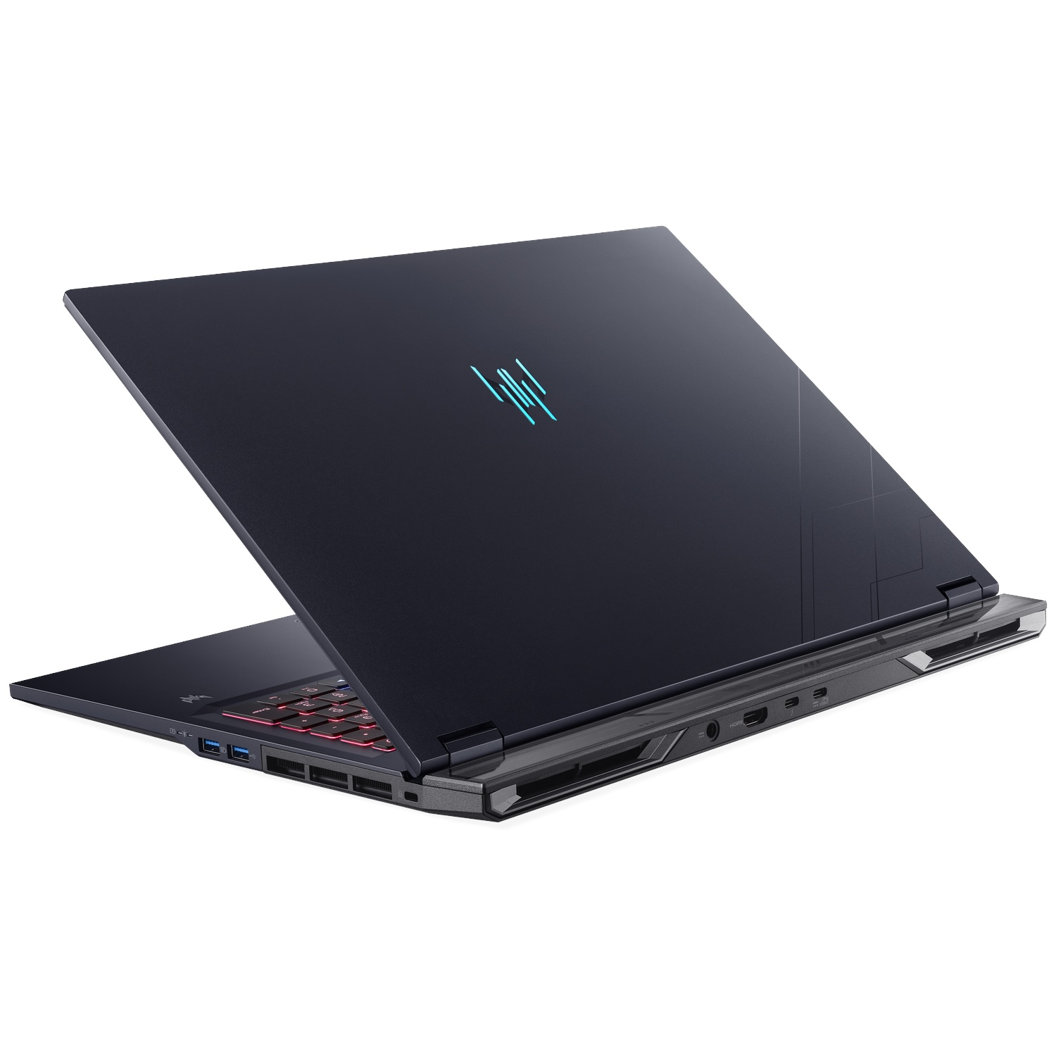 Un ordinateur portable sombre avec logo bleu et clavier éclairé, sur fond blanc.
