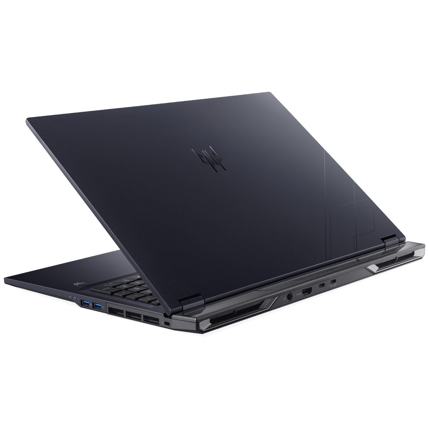 Ordinateur portable bleu foncé, couvercle ouvert, clavier et ports visibles.