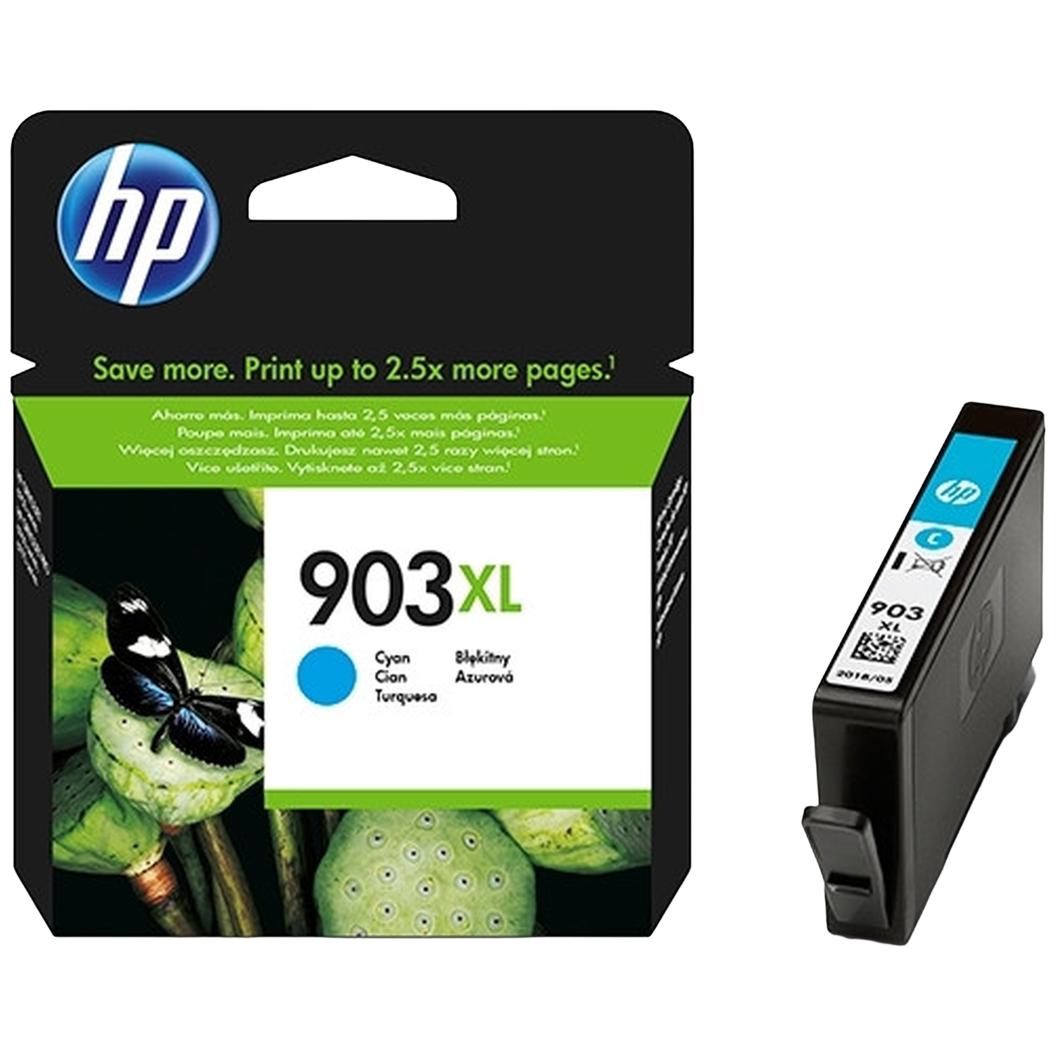 HP 903XL Cyan ink cartridge next to its packaging featuring a butterfly.