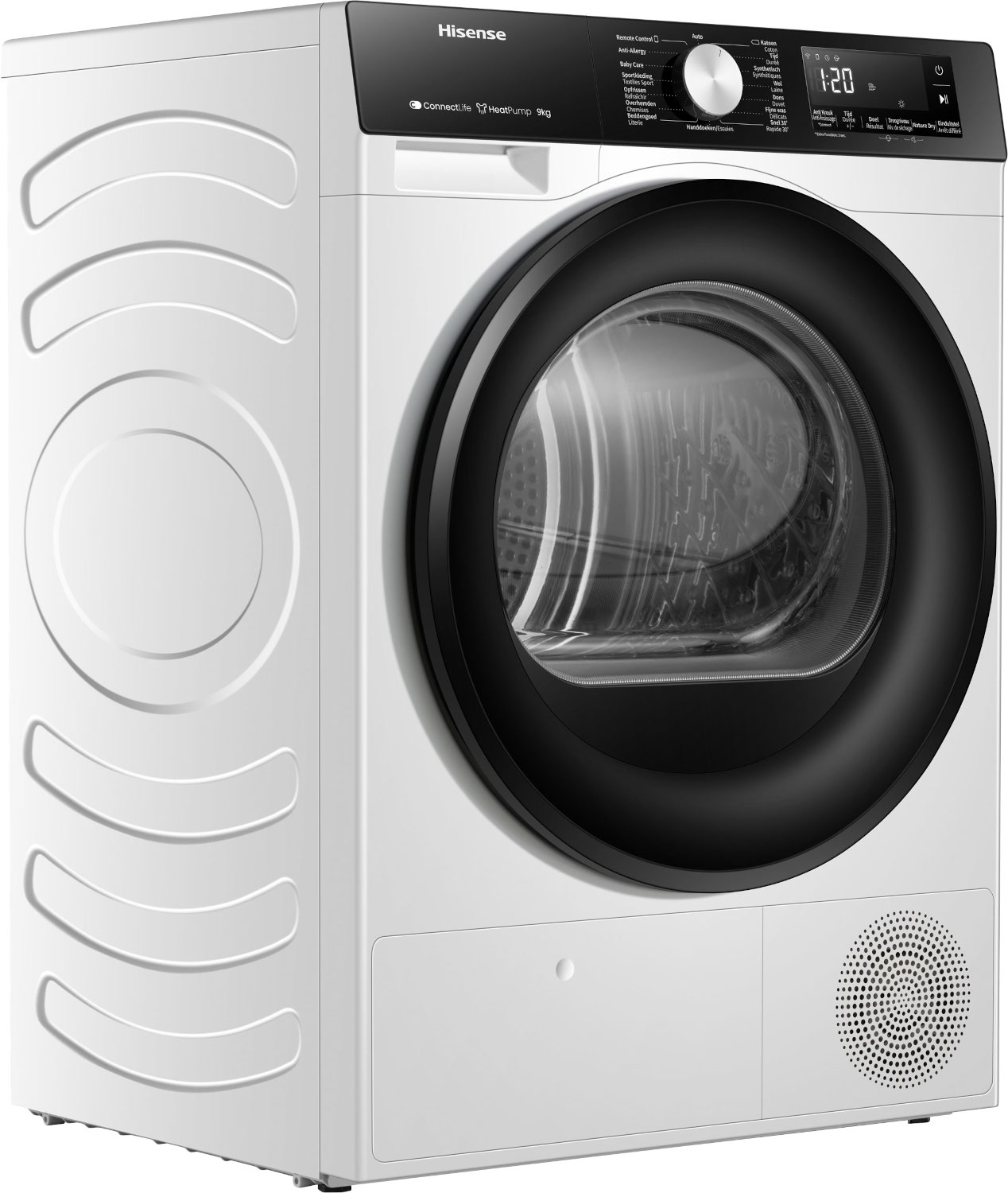 Witte Hisense warmtepompdroger met zwarte deur en bedieningspaneel. Display toont 1:20.