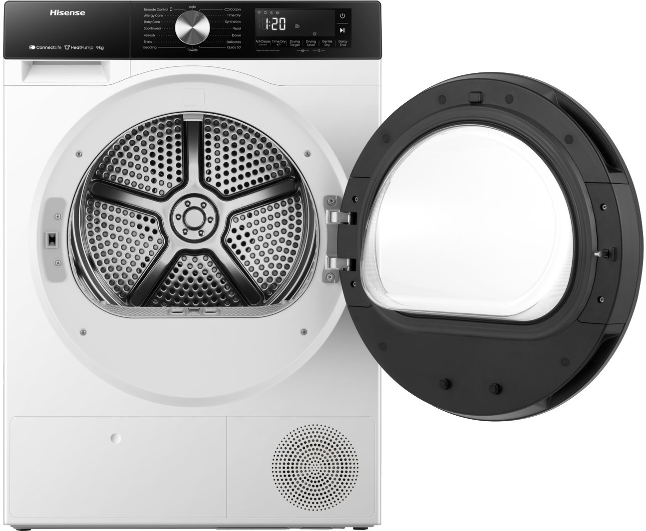 Witte Hisense wasdroger met open deur, trommel zichtbaar, bedieningspaneel met display.