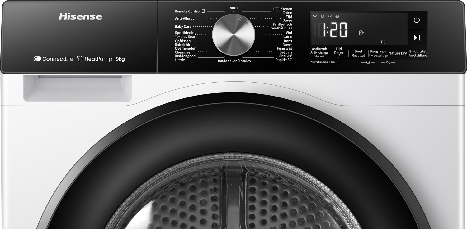 Bedieningspaneel van een witte Hisense wasdroger met programmakeuzeknop en digitaal display.