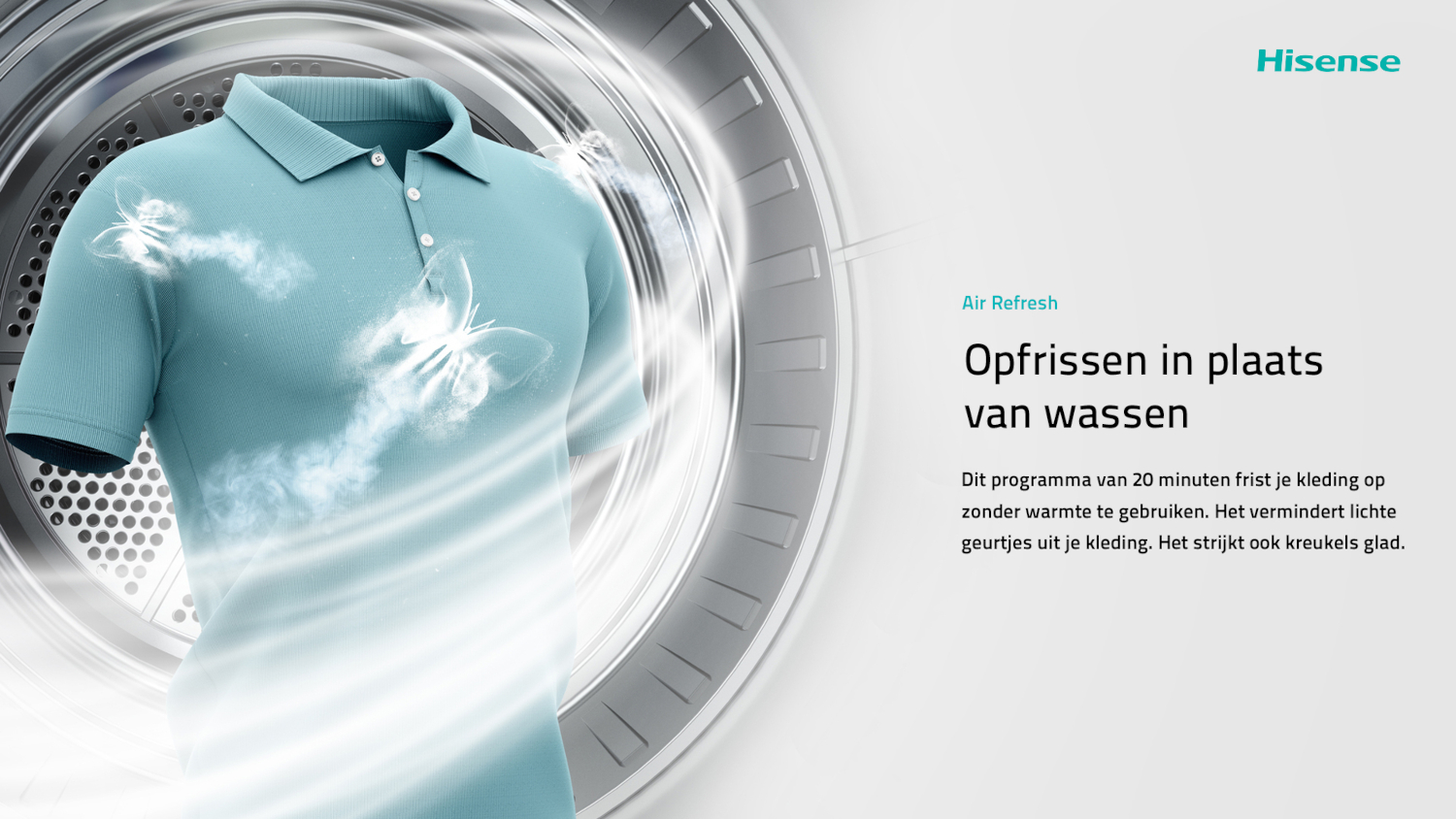 Een lichtblauwe polo wordt met lucht verfrist in een droger.
