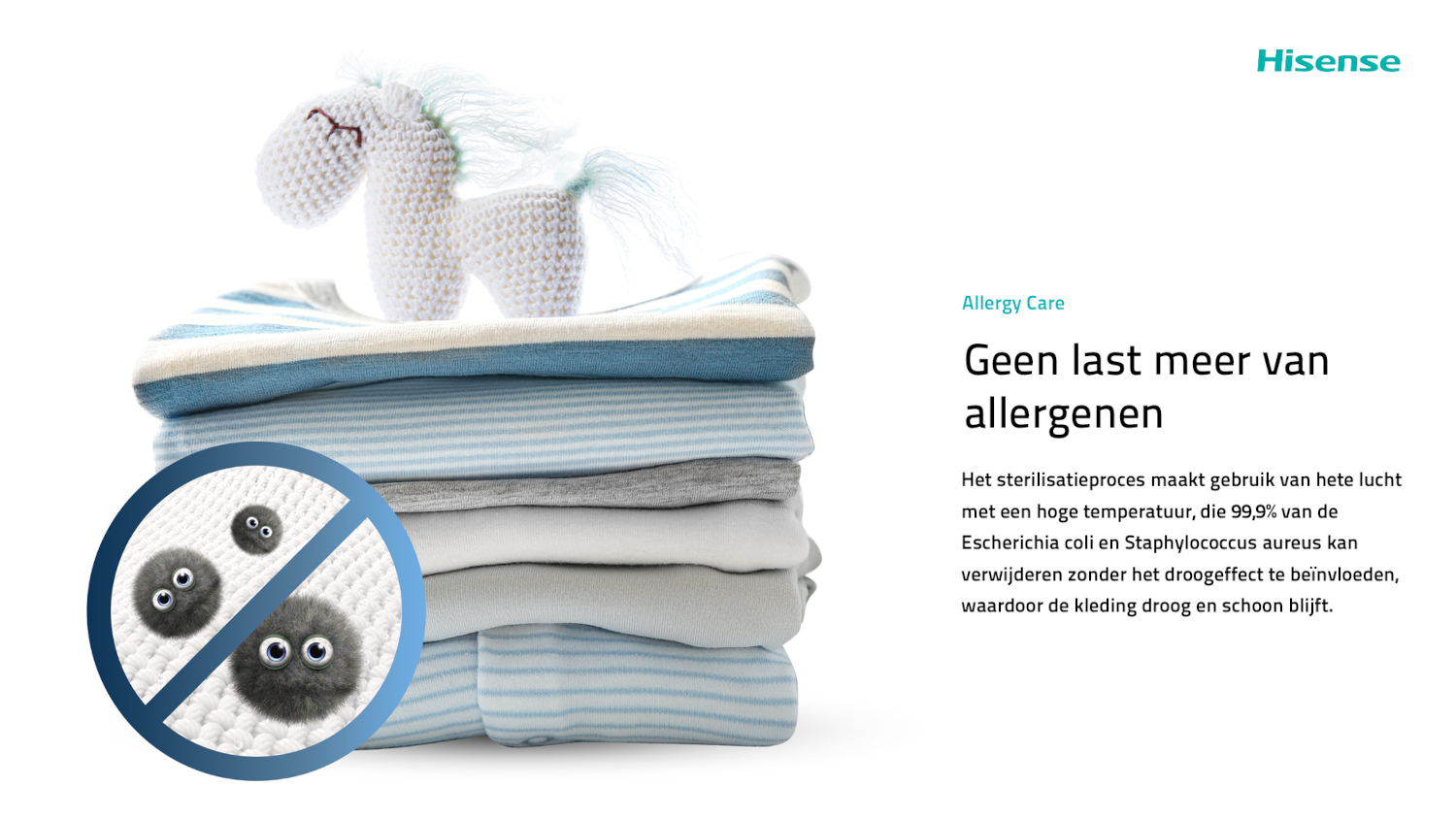 Een gehaakt paardje op gevouwen kleding. Een symbool toont verboden stofdeeltjes.