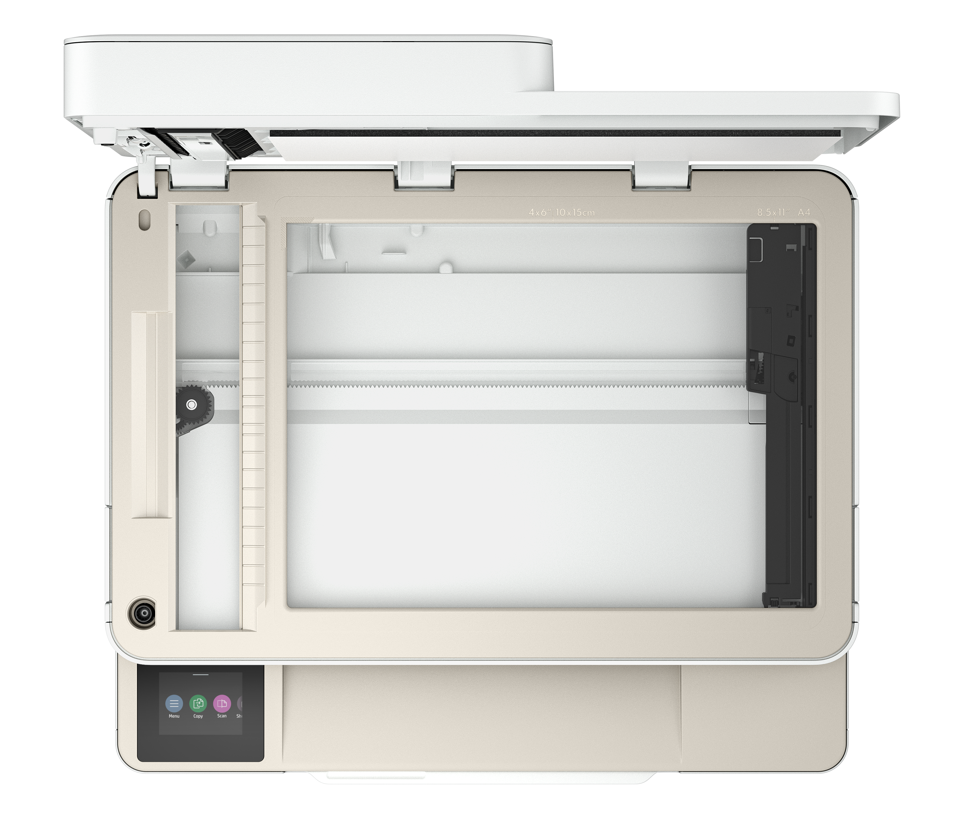 Stampante multifunzione aperta beige e bianca con scanner e touchscreen.