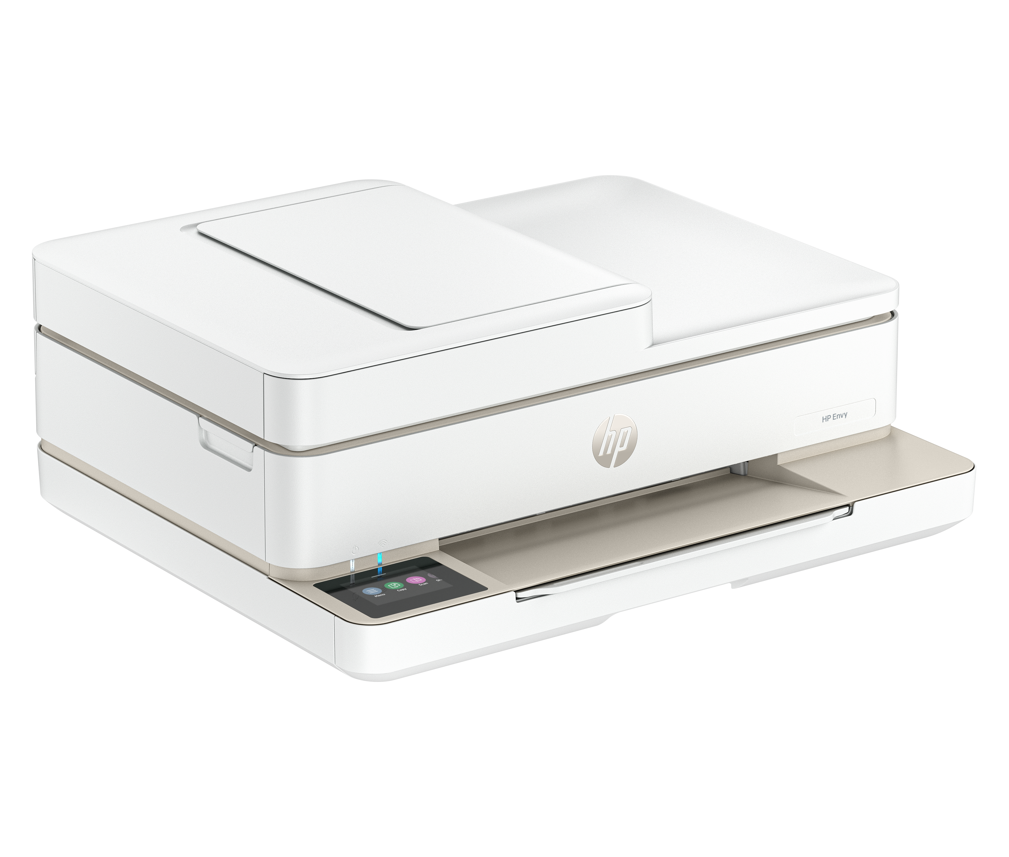 Stampante HP bianca con display touchscreen e scanner flatbed in cima.