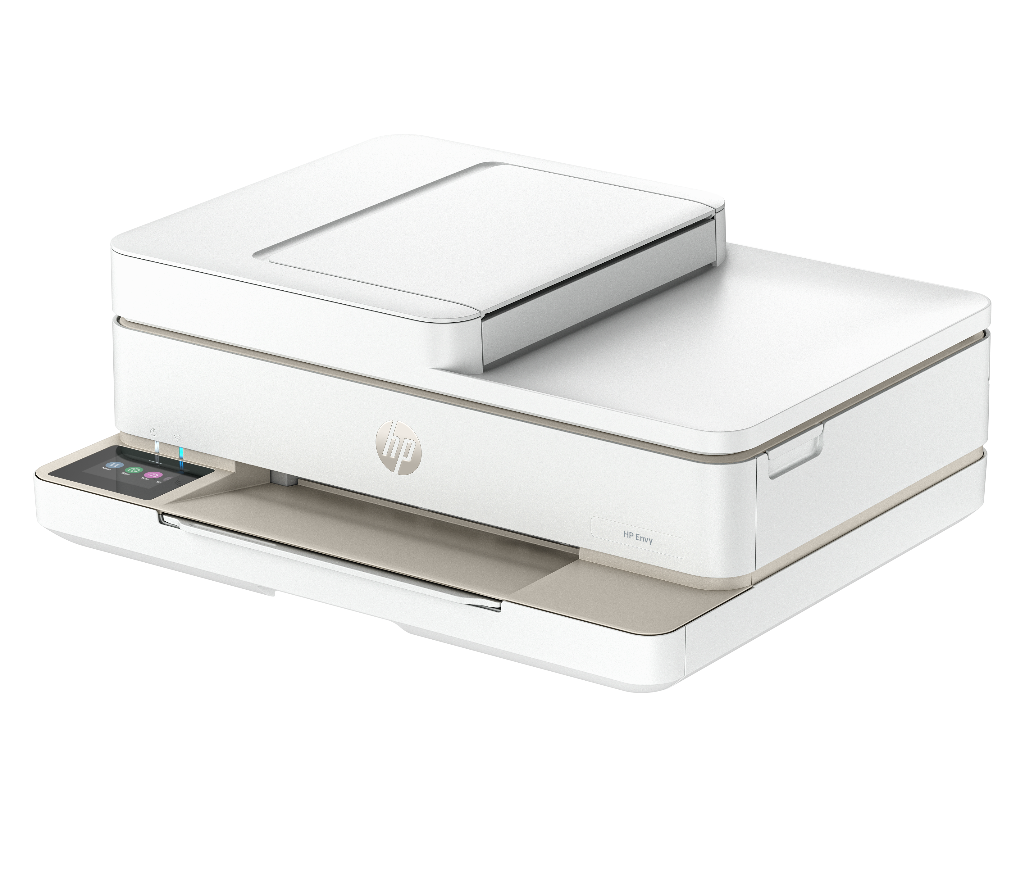 Una stampante HP bianca con touchscreen su sfondo bianco.