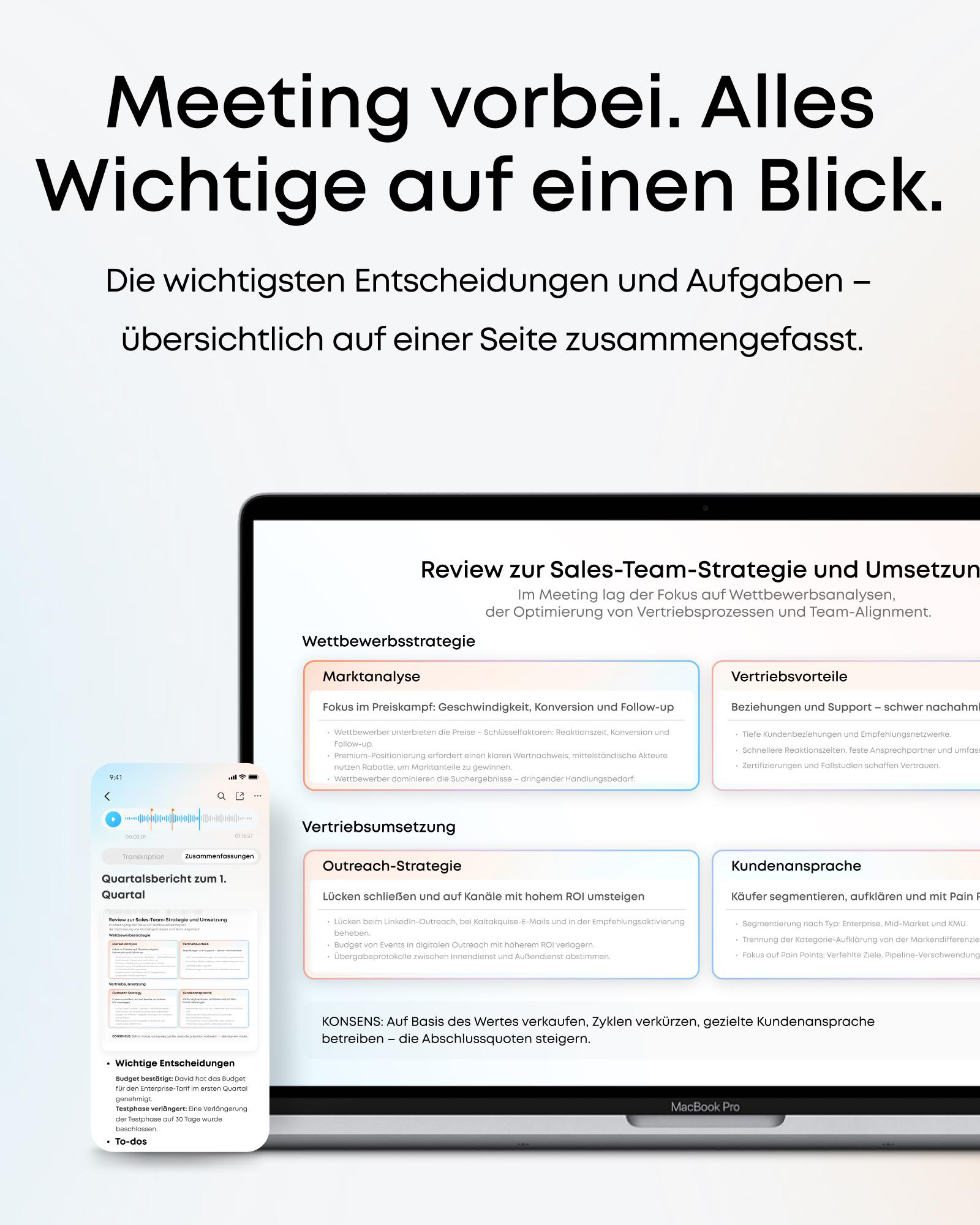 Ein MacBook Pro zeigt eine Zusammenfassung der Sales-Team-Strategie mit Analysen.