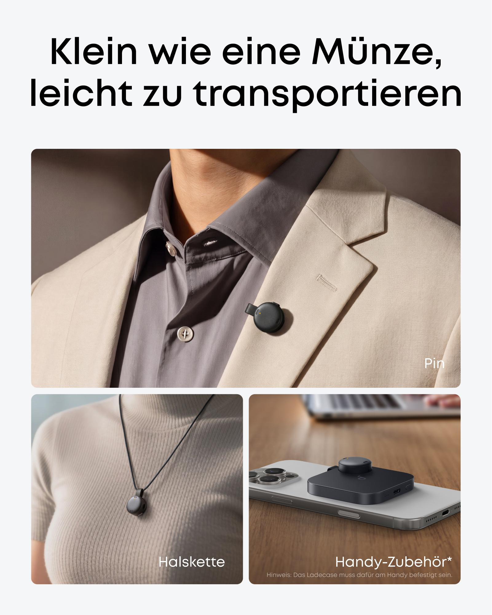 Ein Mann trägt einen Anzug. Daneben sind ein Schmuckstück als Halskette und ein Handy-Zubehör zu sehen.