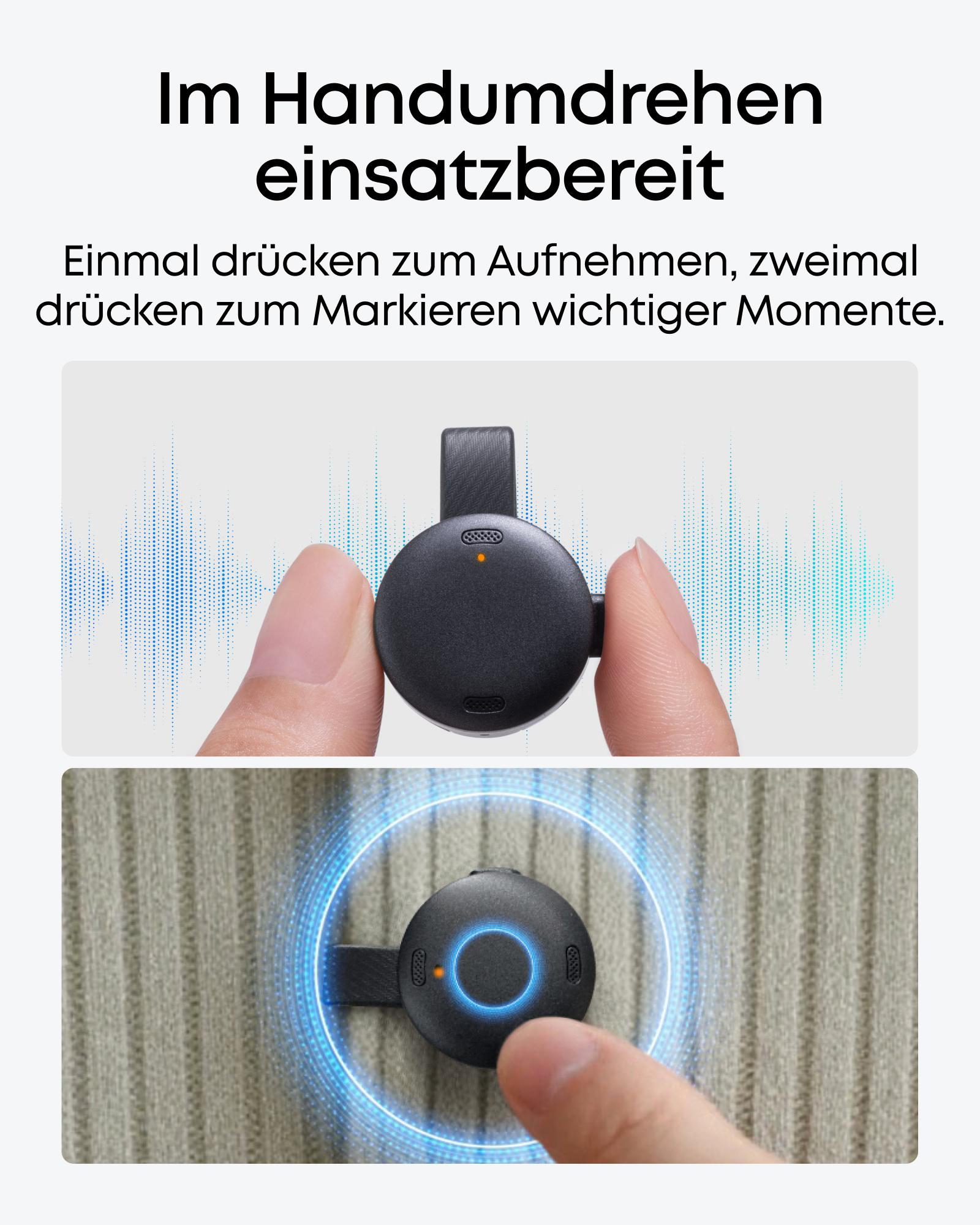 Ein schwarzes Gerät wird von Fingern gehalten, mit Schallwellen und blauem Licht.