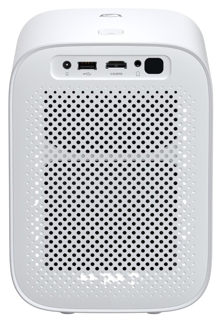 Biały tył projektora z portami USB, HDMI, gniazdem audio i przyciskiem zasilania.