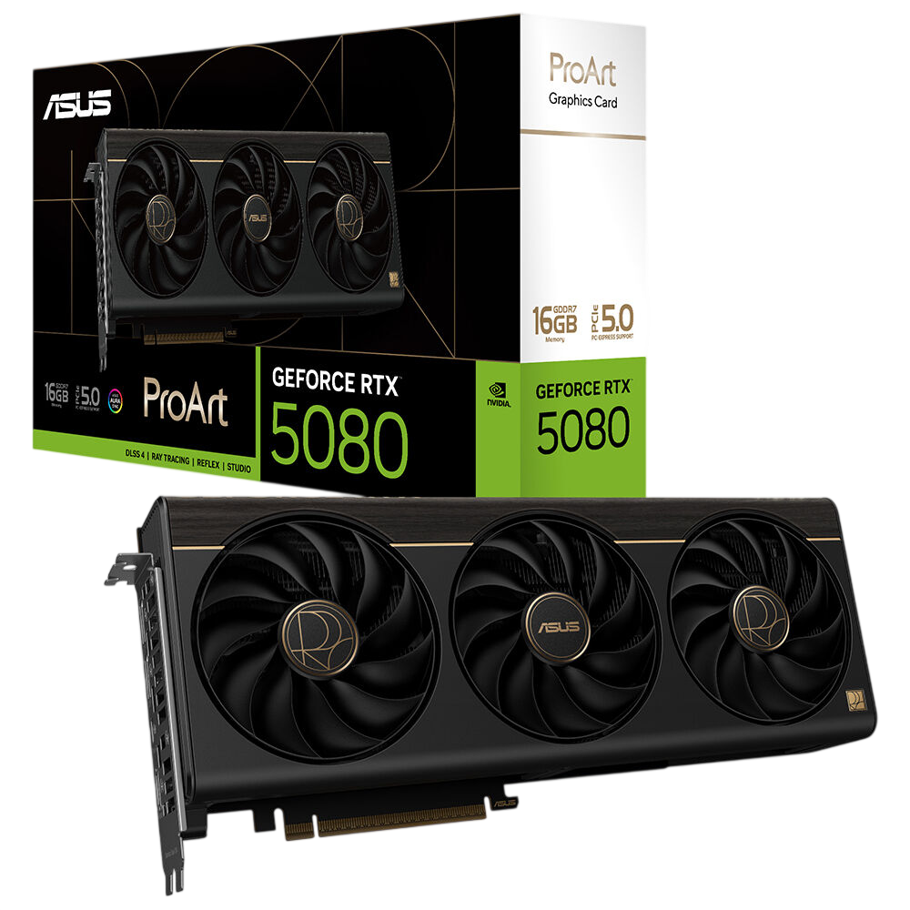 ASUS ProArt GeForce RTX 5080 ekran kartı, 16 GB bellek ve üç fanlı.