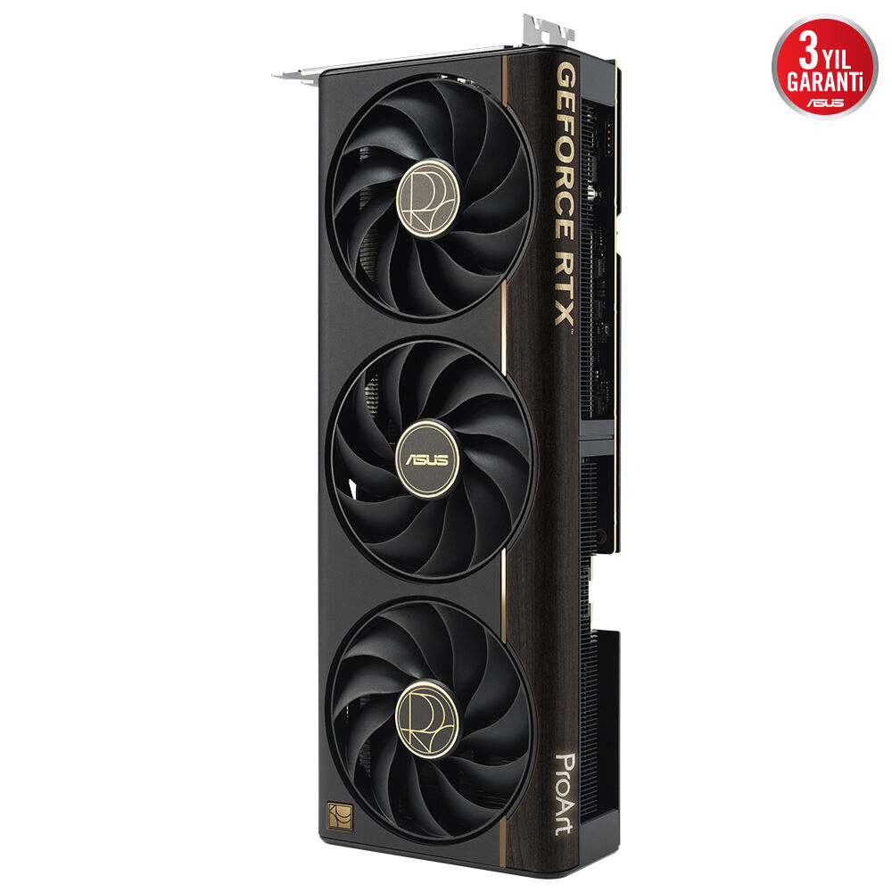 Üç fanlı ve altın aksanlı siyah ASUS GeForce RTX ekran kartı. Garanti etiketi içerir.