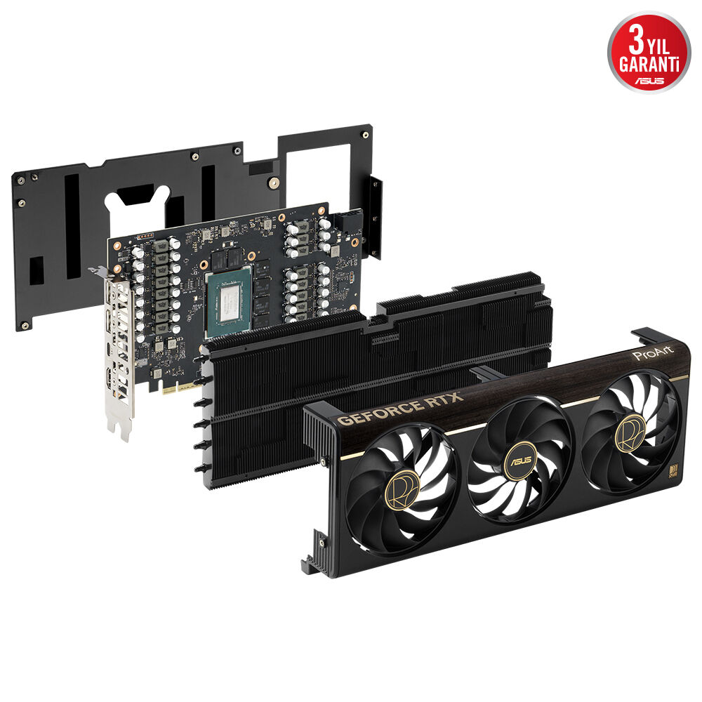 Üç fanlı siyah ASUS GeForce RTX grafik kartının patlatılmış görünümü.