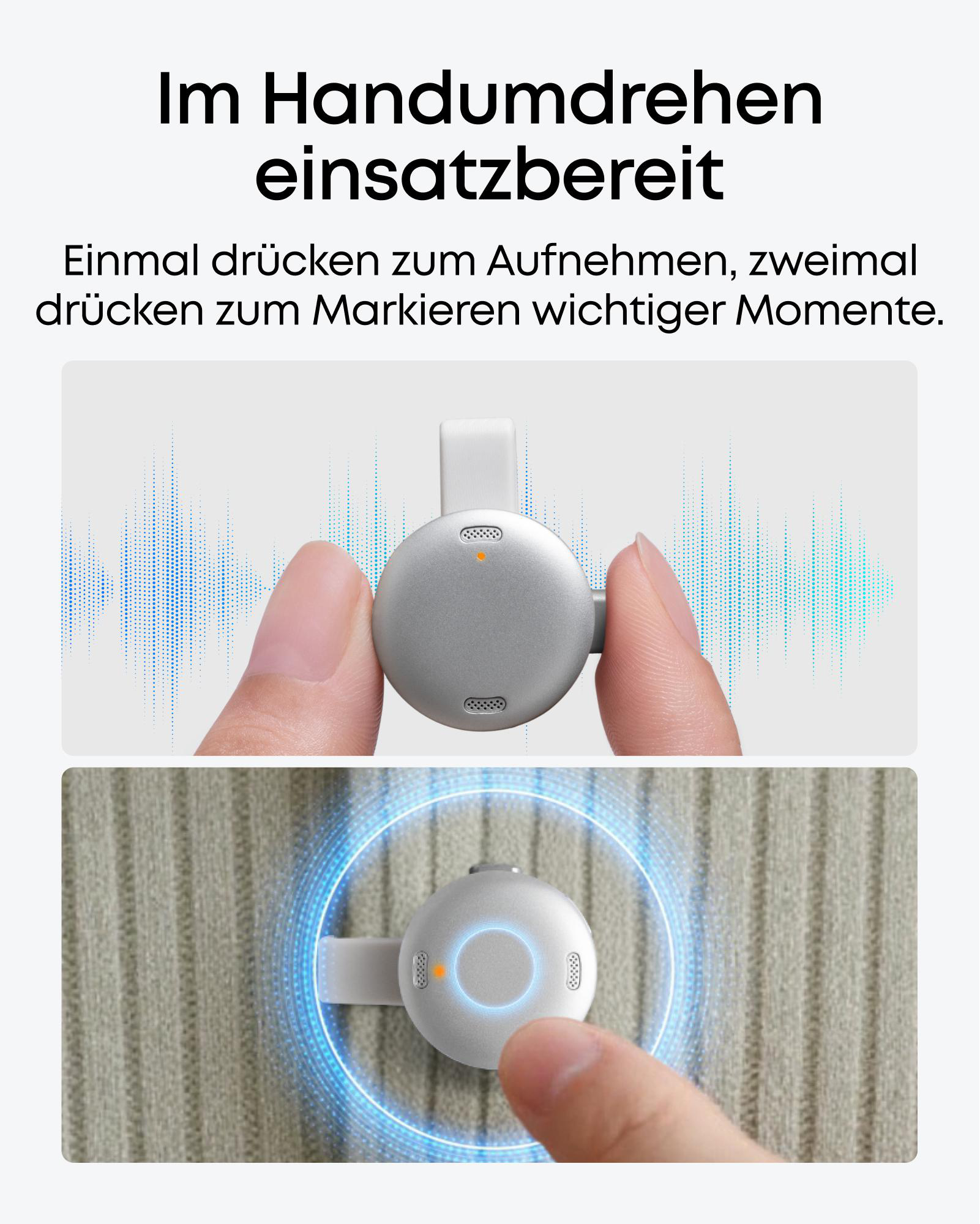 Ein Finger drückt einen kleinen, runden, grauen Clip. Soundwellen sind im Hintergrund.