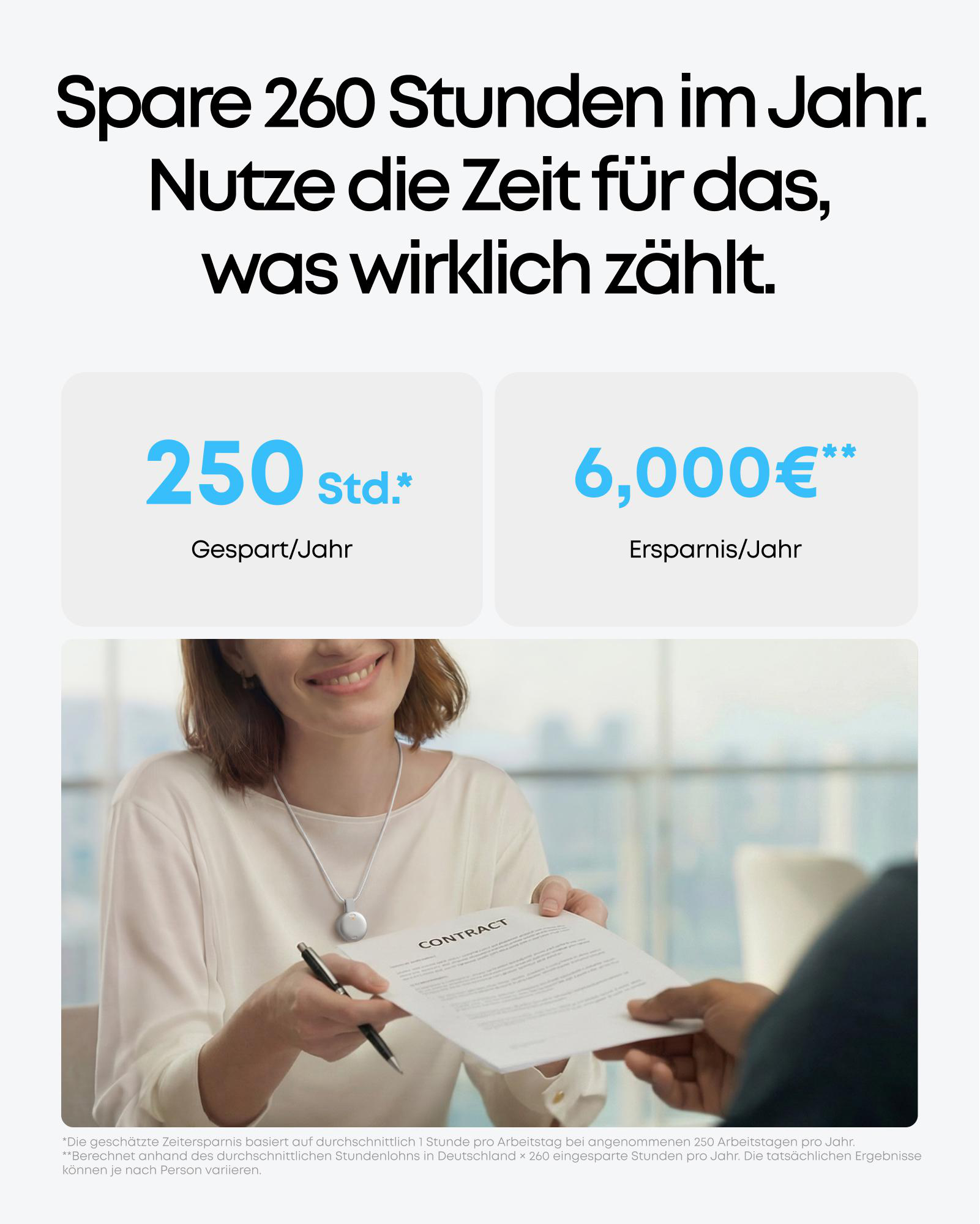 Frau übergibt Vertrag, 250 Std. gespart/Jahr, 6.000 € Ersparnis/Jahr.