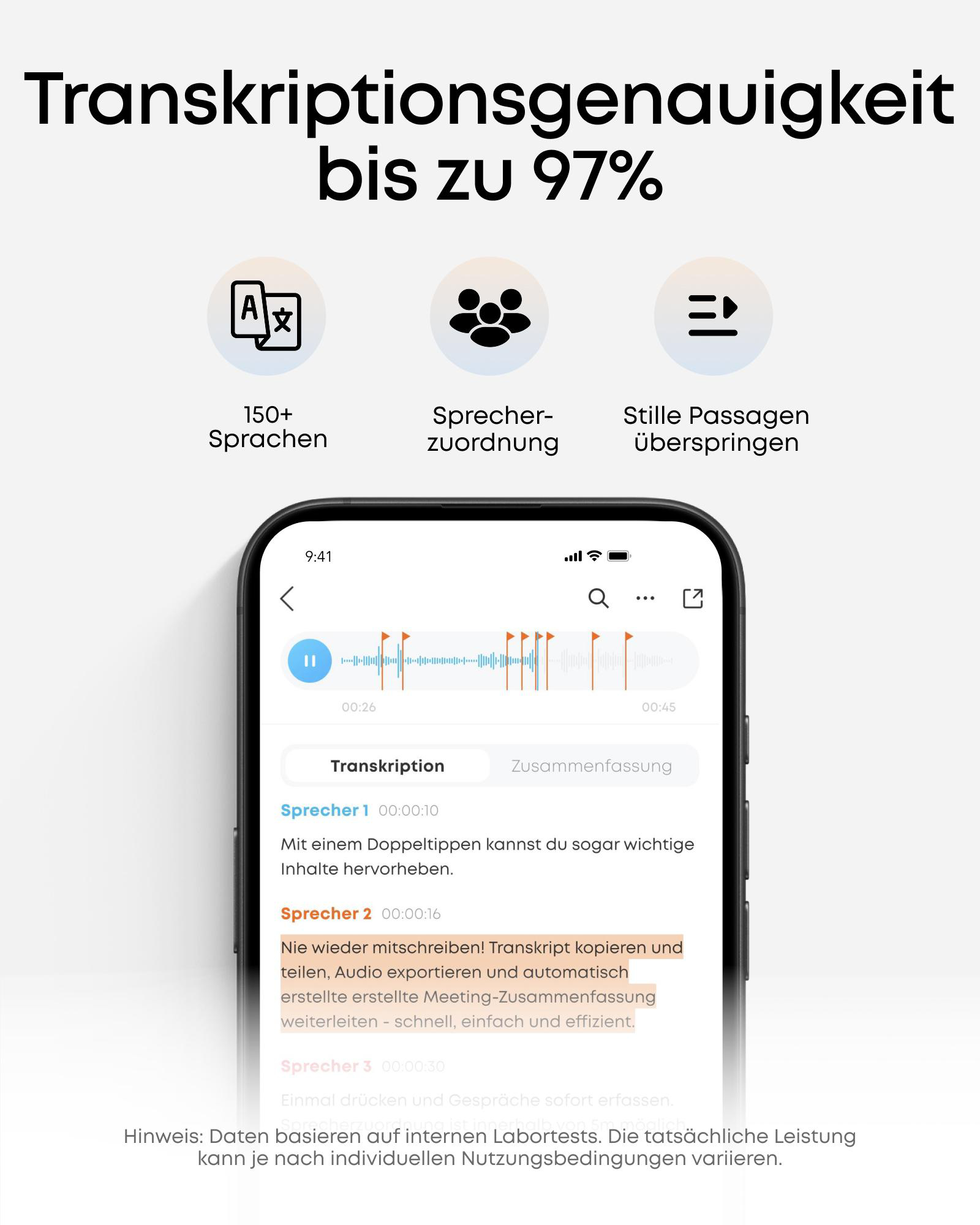 App zeigt Transkription mit Sprechern, Sprachen & stillen Passagen. Handy-Ansicht.