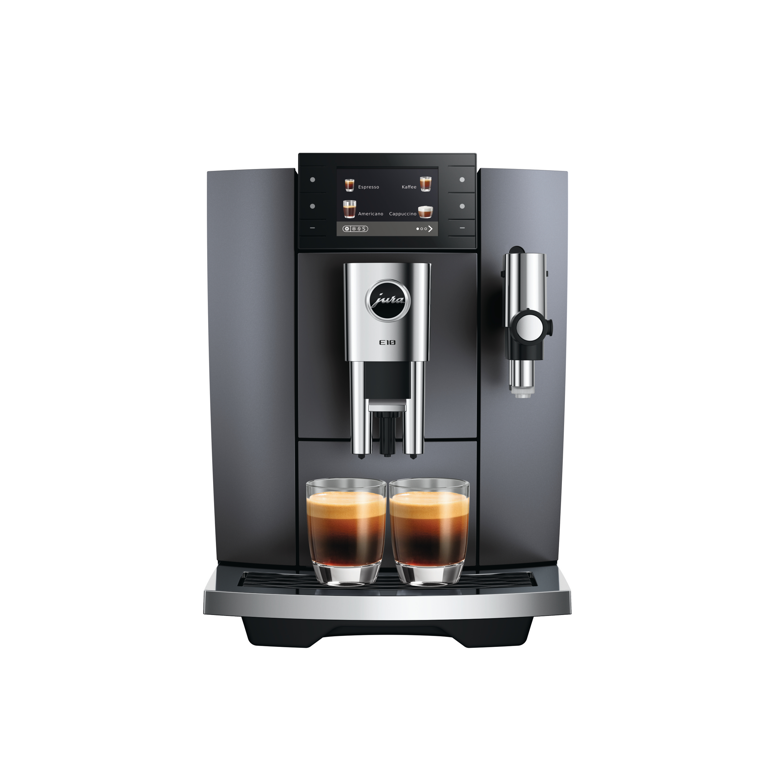 Graue Kaffeemaschine mit zwei Espressogläsern mit Crema.