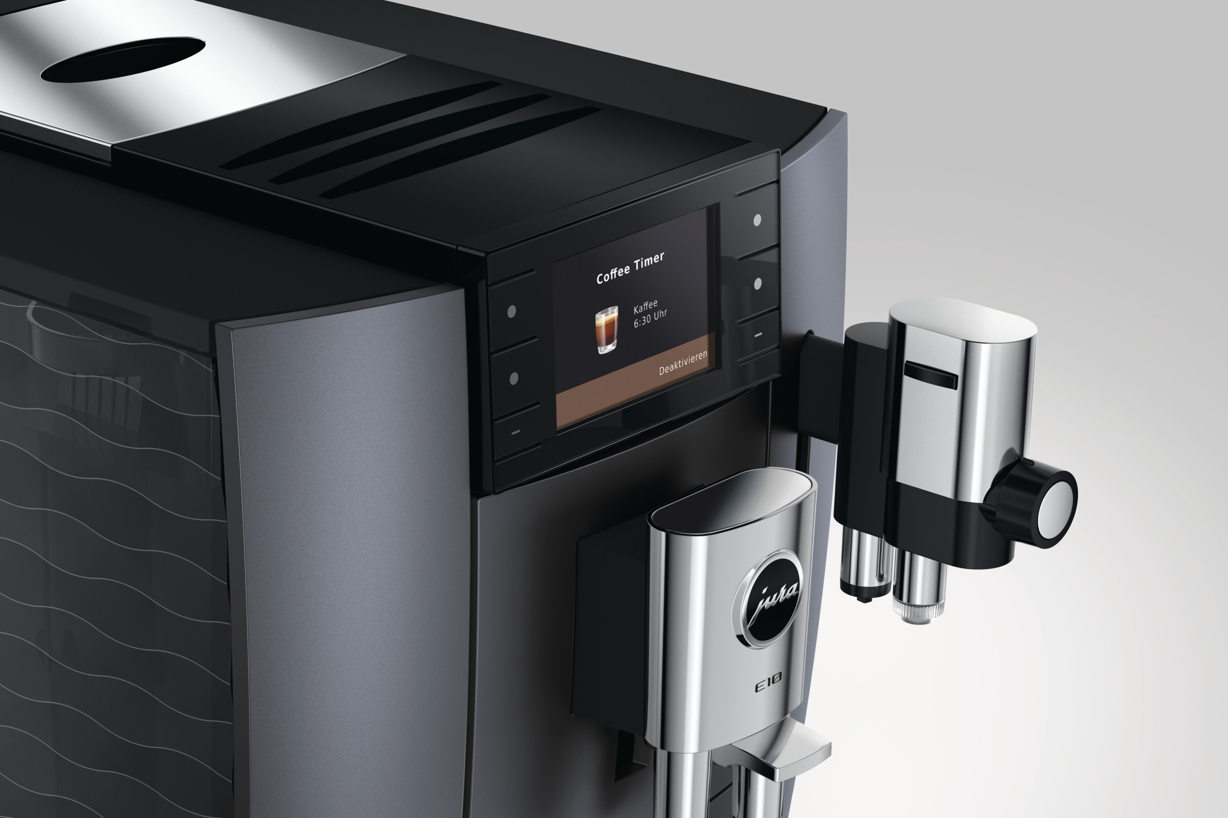 Eine moderne Kaffeemaschine mit digitalem Display, das einen Kaffee zeigt.