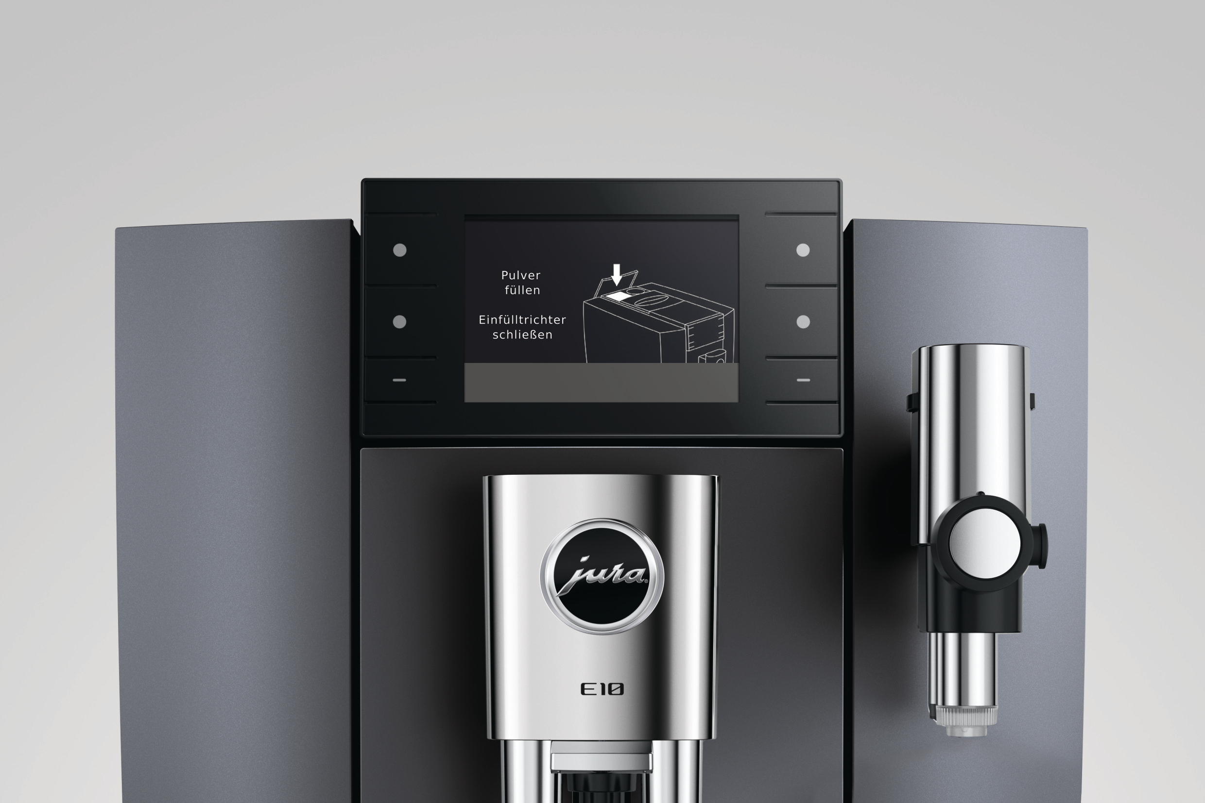 Kaffeemaschine mit Milchaufschäumer und Bedienfeld. Jura-Logo sichtbar.