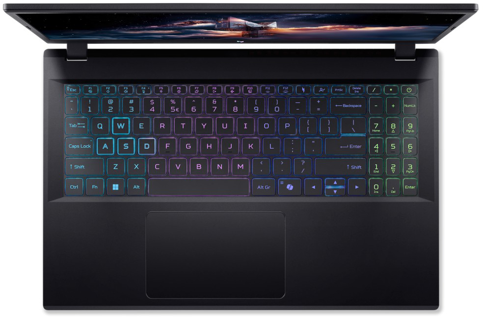Egy nyitott laptop szivárvány színű világító billentyűzettel és űr témájú háttérképpel.