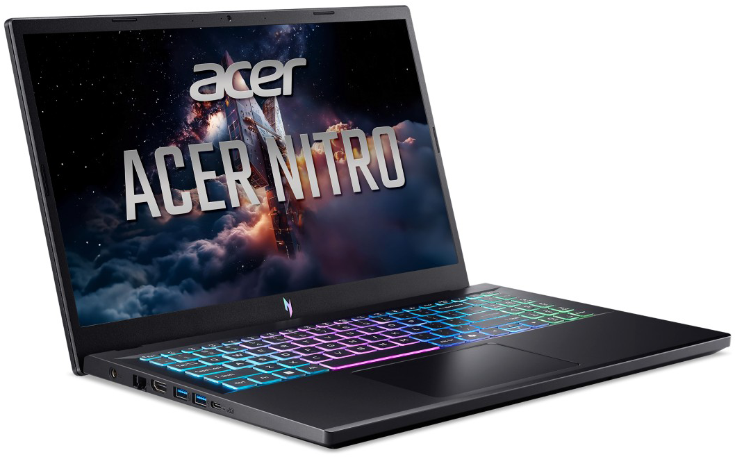 Fekete Acer Nitro laptop RGB billentyűzettel és űrtémájú háttérképpel.