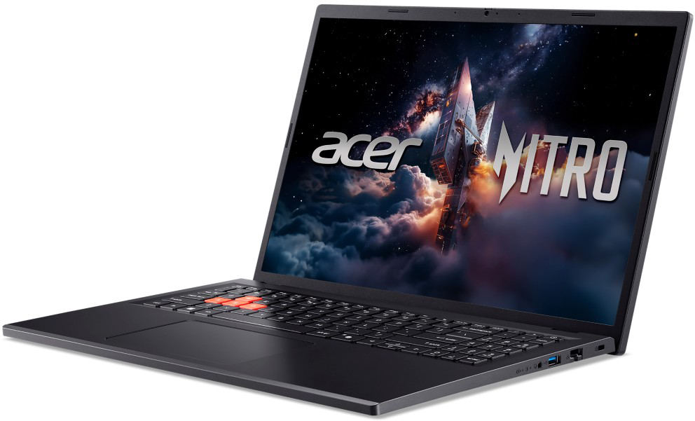 Egy fekete Acer Nitro laptop űr témájú háttérképpel a képernyőjén.