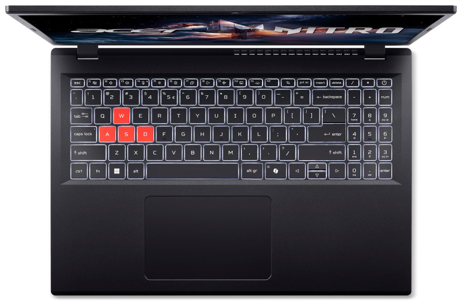 Egy nyitott fekete laptop világító billentyűzettel és piros WASD gombokkal.