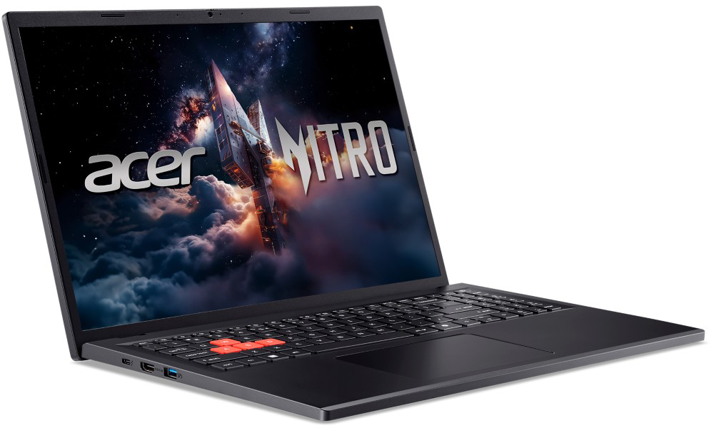 Egy fekete Acer Nitro gamer laptop űr témájú képpel a képernyőjén.